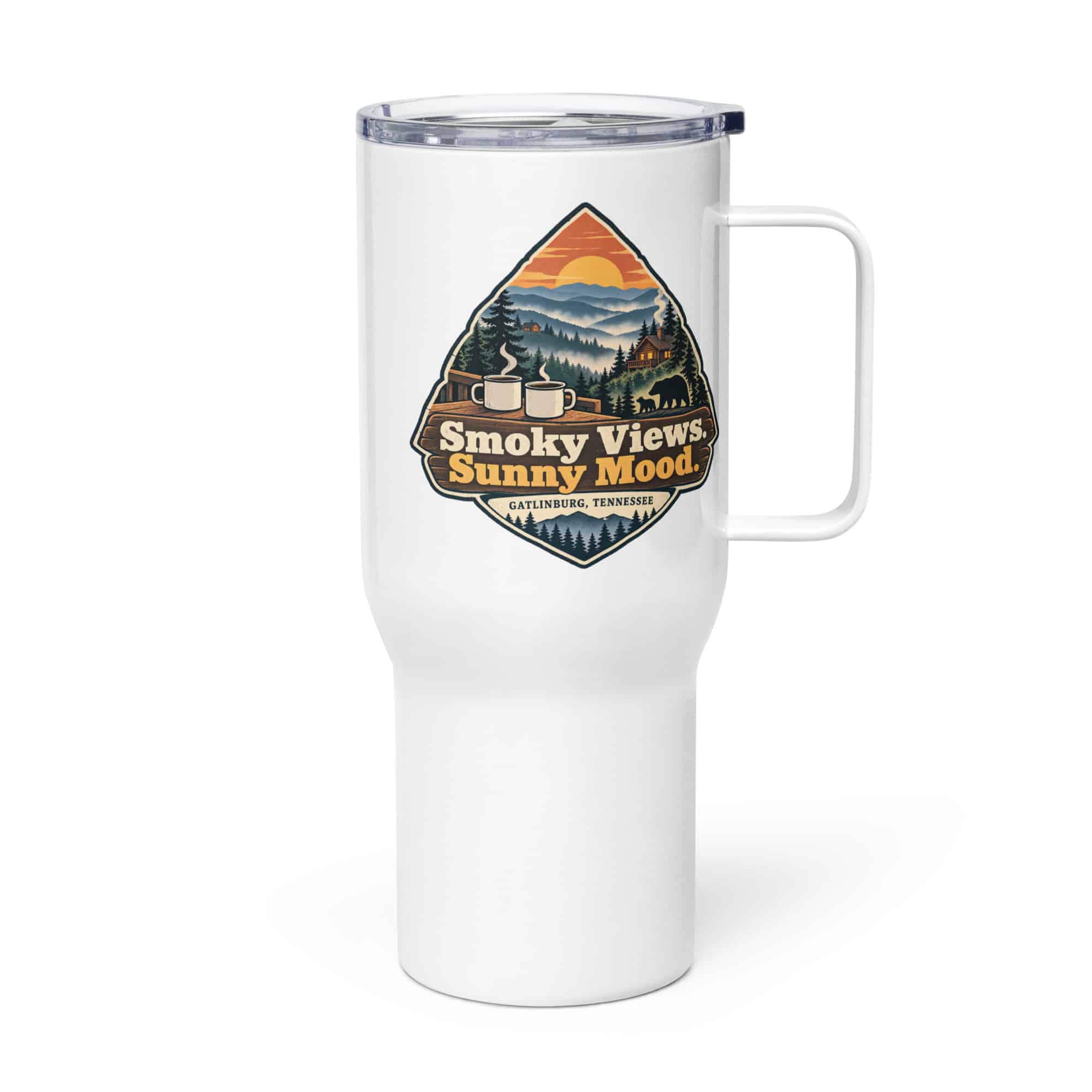 Gatlinburg and the Smokies Travel Mug: Smoky Views. Sunny Mood, Scenic Shield Badge