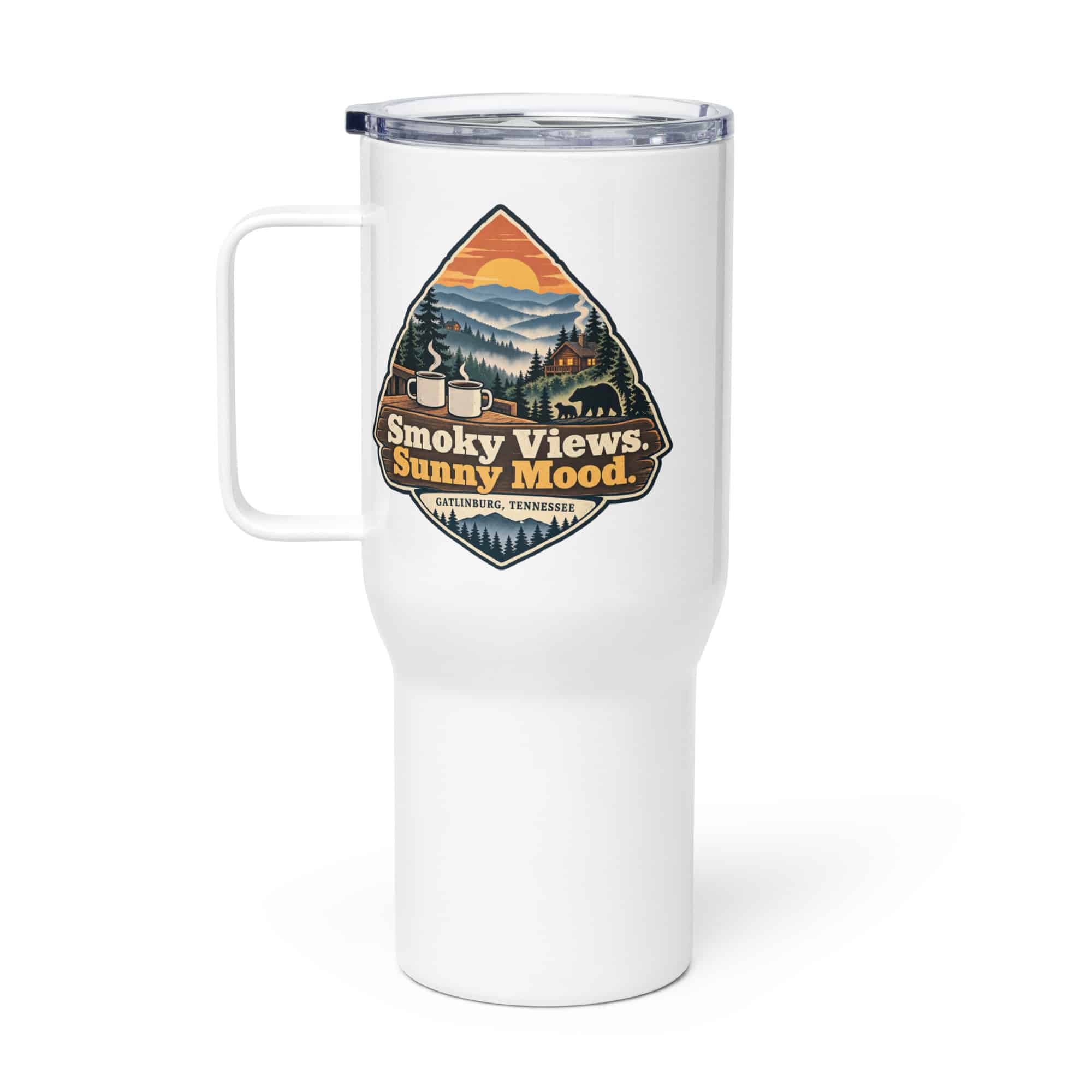Gatlinburg and the Smokies Travel Mug: Smoky Views. Sunny Mood, Scenic Shield Badge
