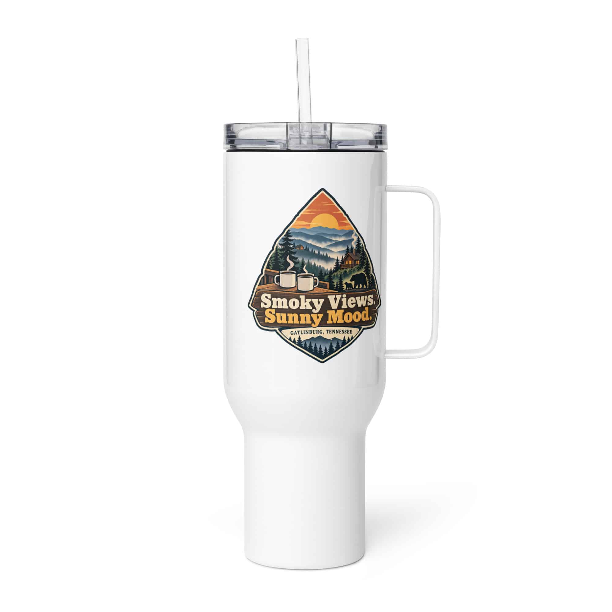 Gatlinburg and the Smokies Travel Mug: Smoky Views. Sunny Mood, Scenic Shield Badge