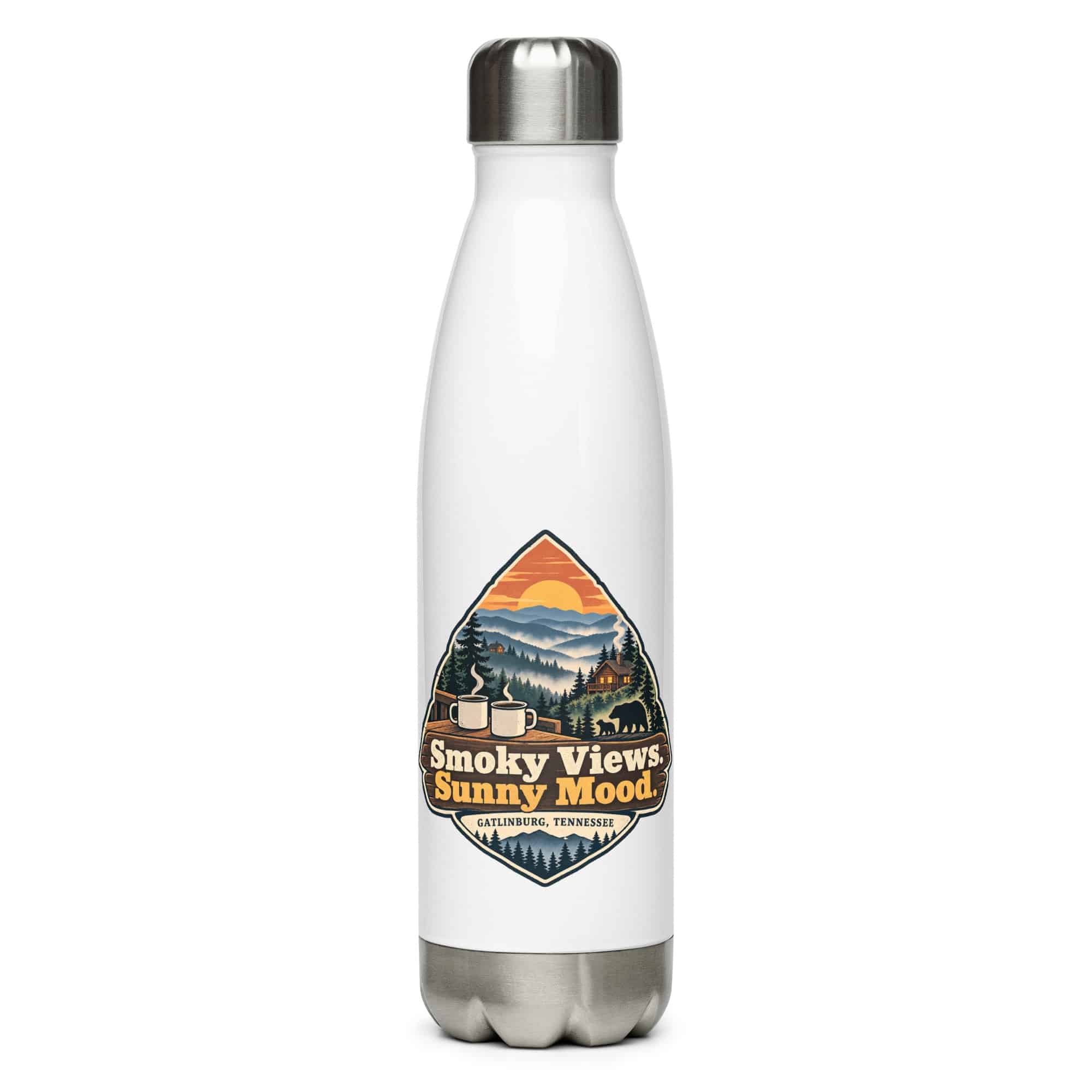 Gatlinburg and the Smokies Stainless Steel Water Bottle: Smoky Views. Sunny Mood, Scenic Shield Badge