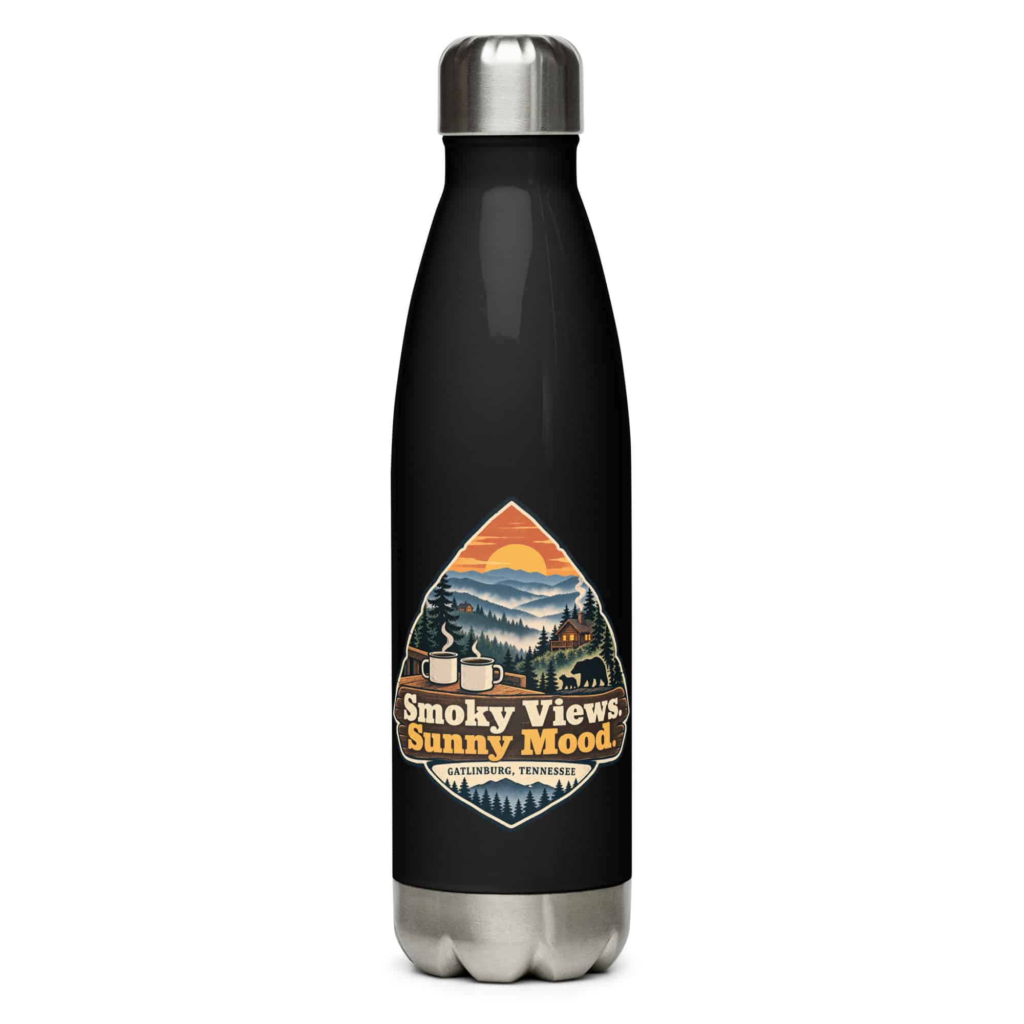 Gatlinburg and the Smokies Stainless Steel Water Bottle: Smoky Views. Sunny Mood, Scenic Shield Badge
