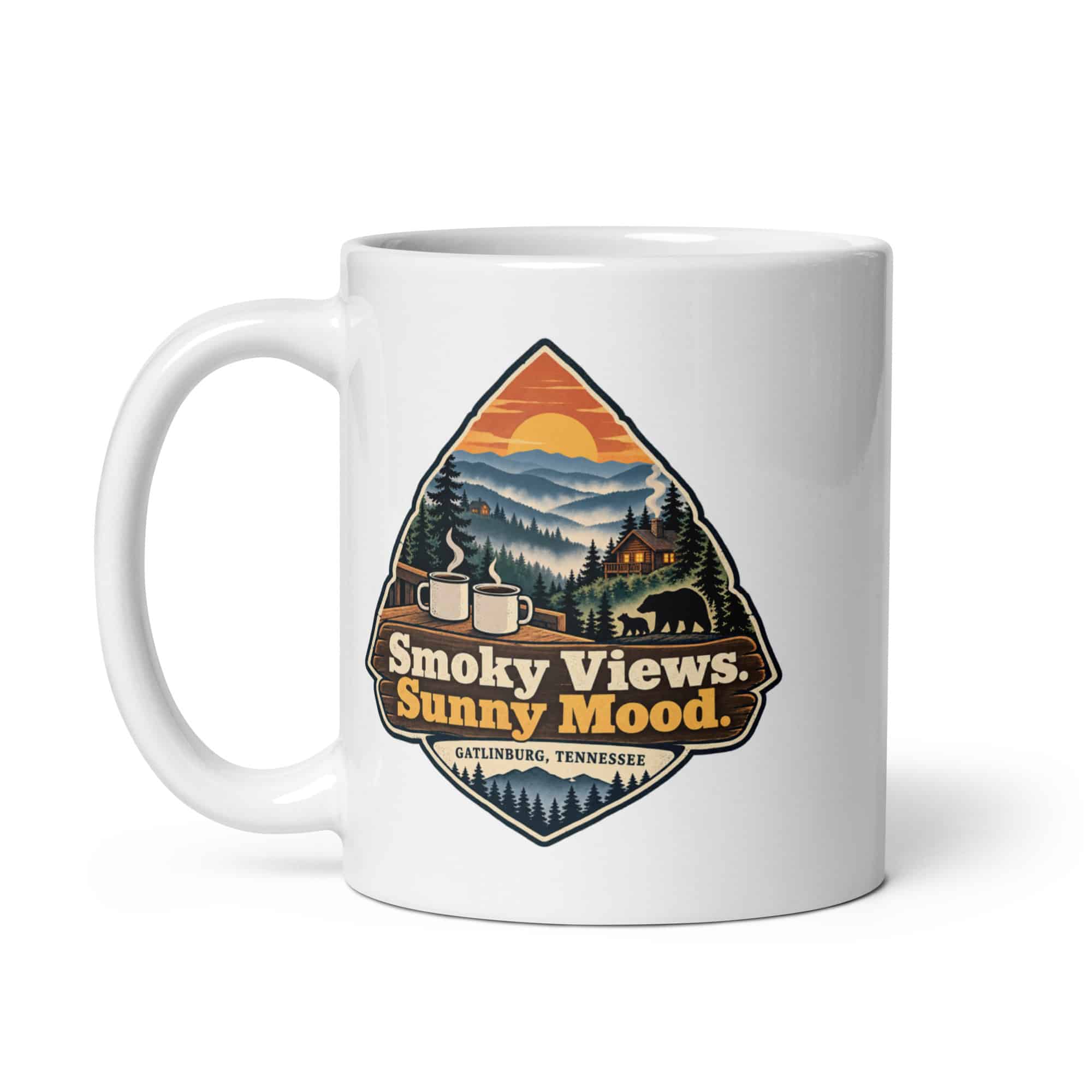 Gatlinburg and the Smokies White Ceramic Coffee Mug: Smoky Views. Sunny Mood, Scenic Shield Badge