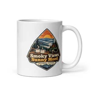 Gatlinburg and the Smokies White Ceramic Coffee Mug: Smoky Views. Sunny Mood, Scenic Shield Badge - 11 oz - Main