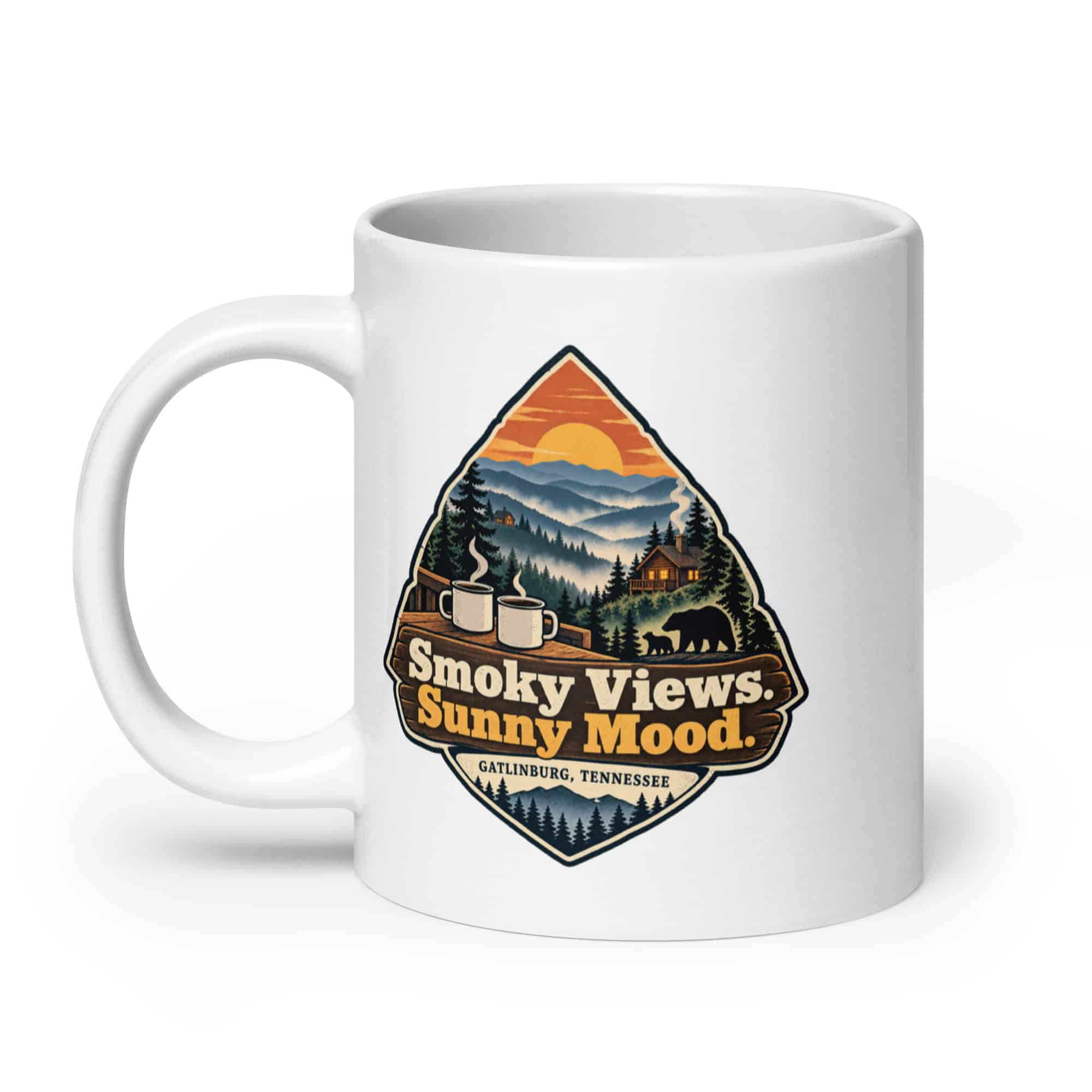 Gatlinburg and the Smokies White Ceramic Coffee Mug: Smoky Views. Sunny Mood, Scenic Shield Badge