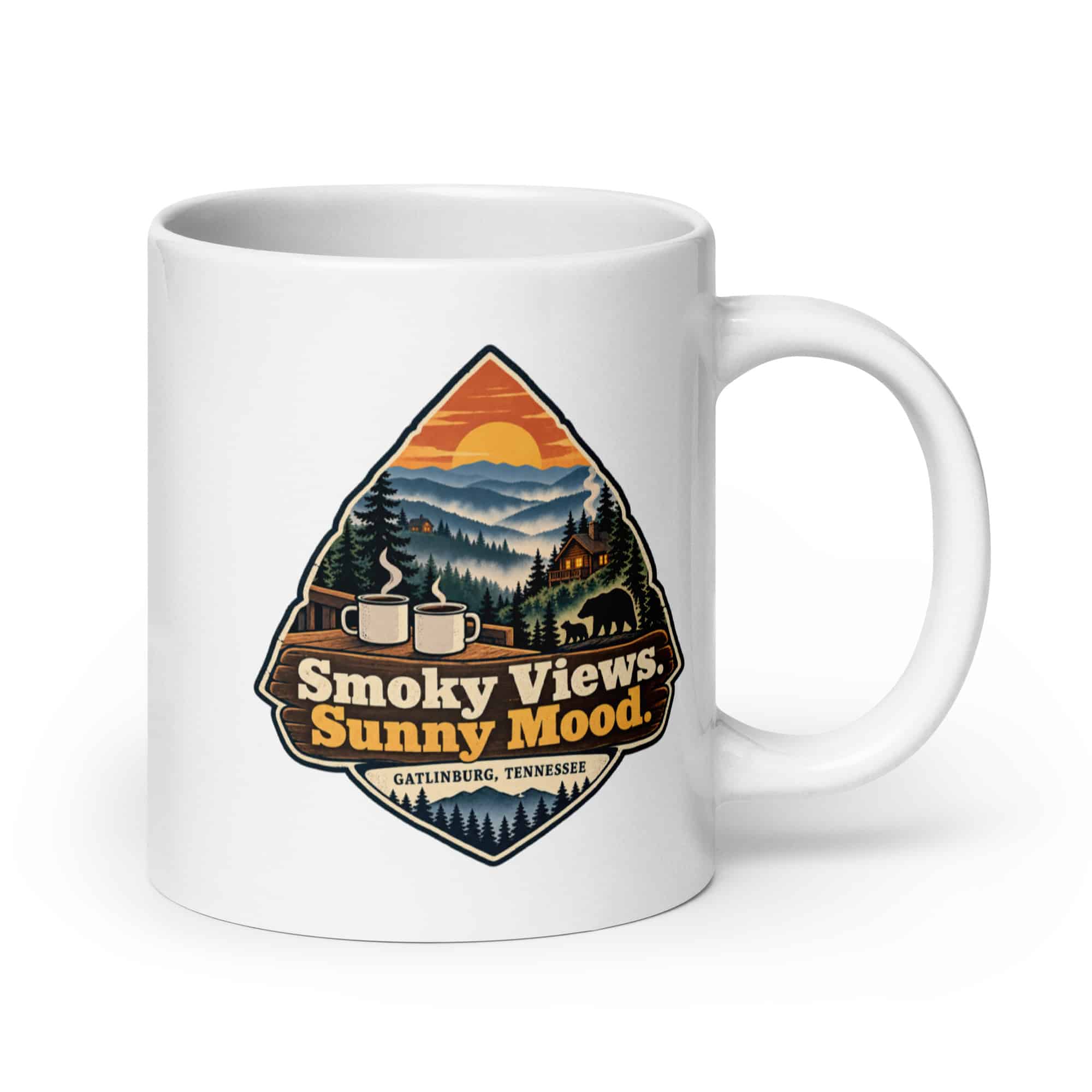 Gatlinburg and the Smokies White Ceramic Coffee Mug: Smoky Views. Sunny Mood, Scenic Shield Badge
