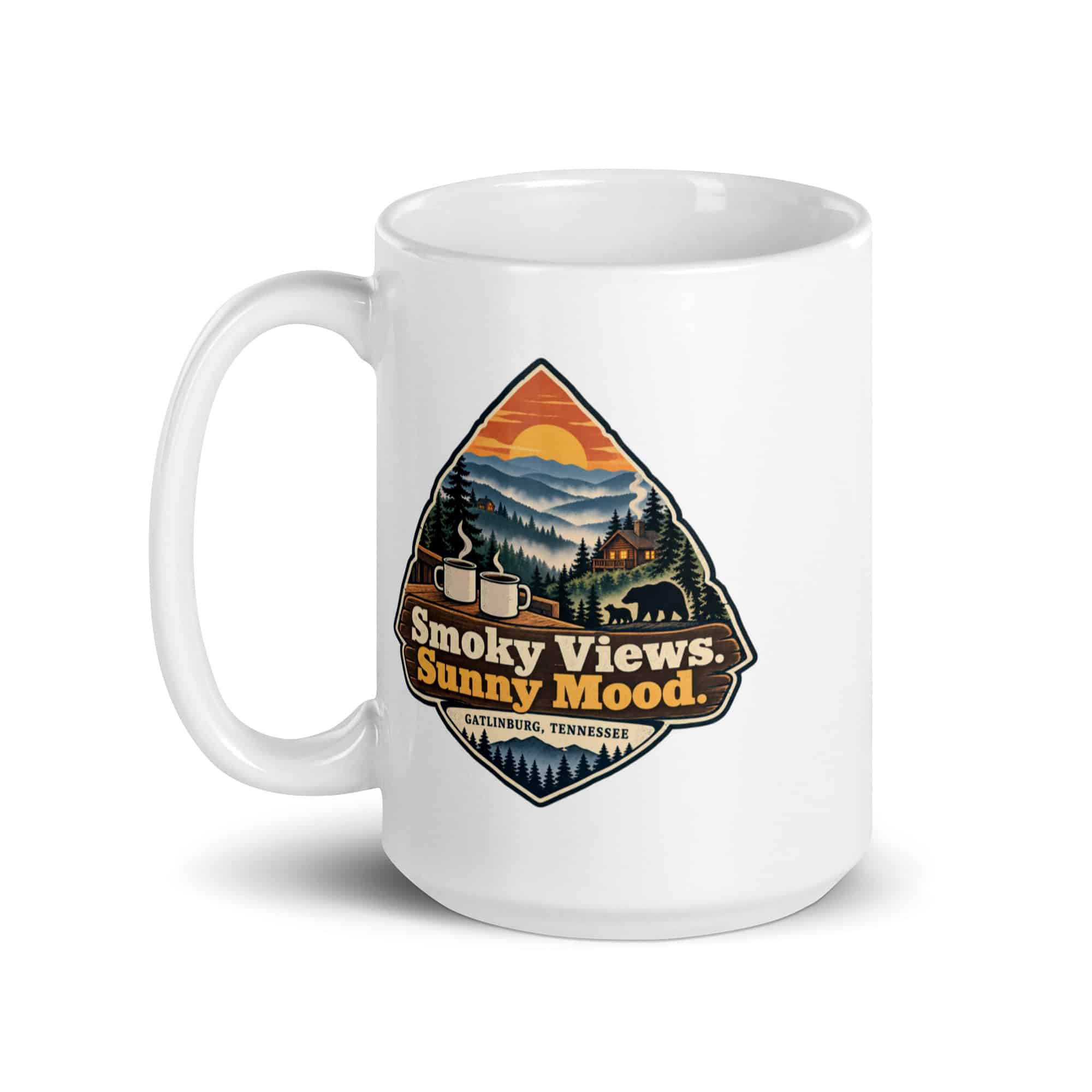 Gatlinburg and the Smokies White Ceramic Coffee Mug: Smoky Views. Sunny Mood, Scenic Shield Badge