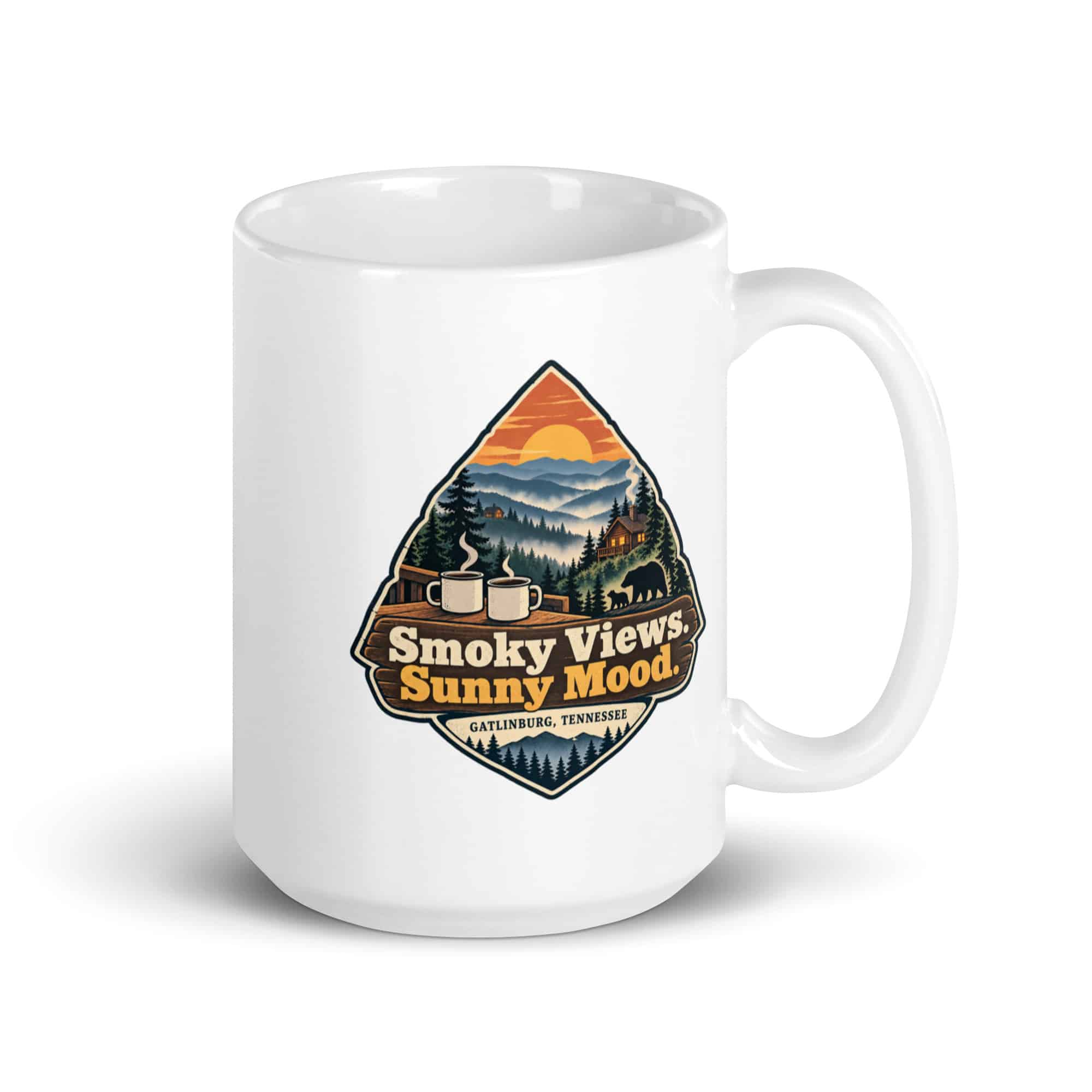 Gatlinburg and the Smokies White Ceramic Coffee Mug: Smoky Views. Sunny Mood, Scenic Shield Badge