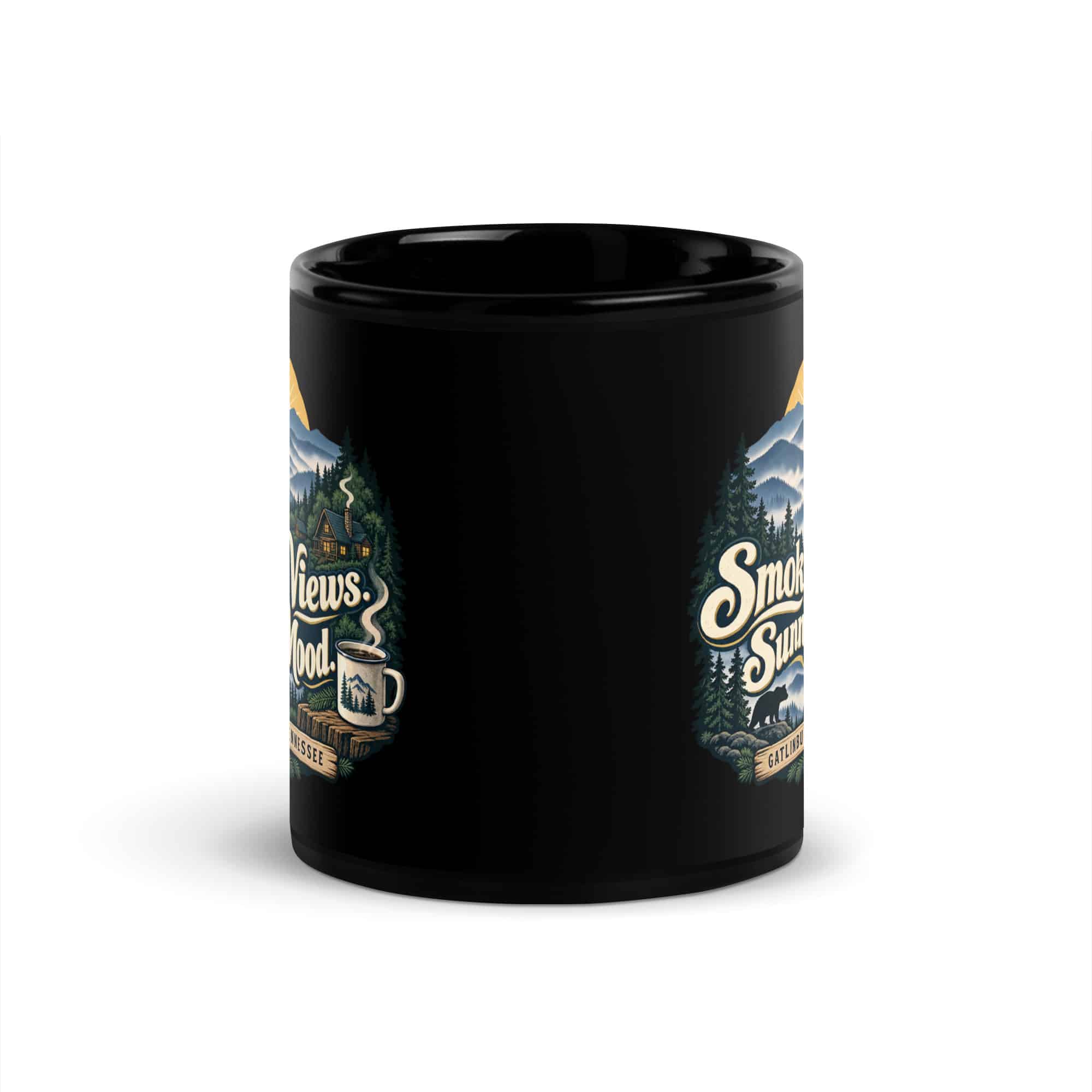 Gatlinburg and the Smokies Black Coffee Mug: Smoky Views. Sunny Mood, Woodland Scenic Lettering