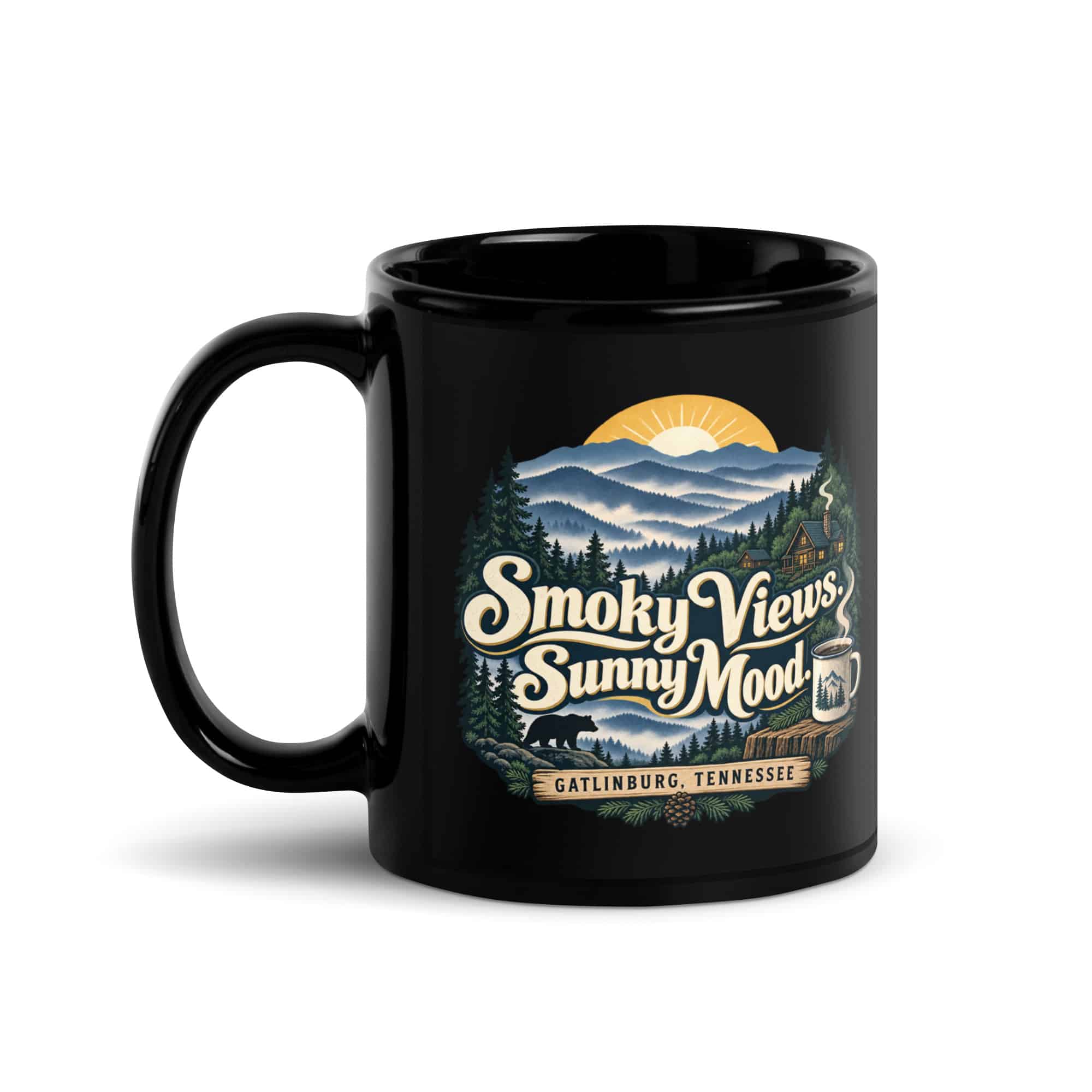 Gatlinburg and the Smokies Black Coffee Mug: Smoky Views. Sunny Mood, Woodland Scenic Lettering