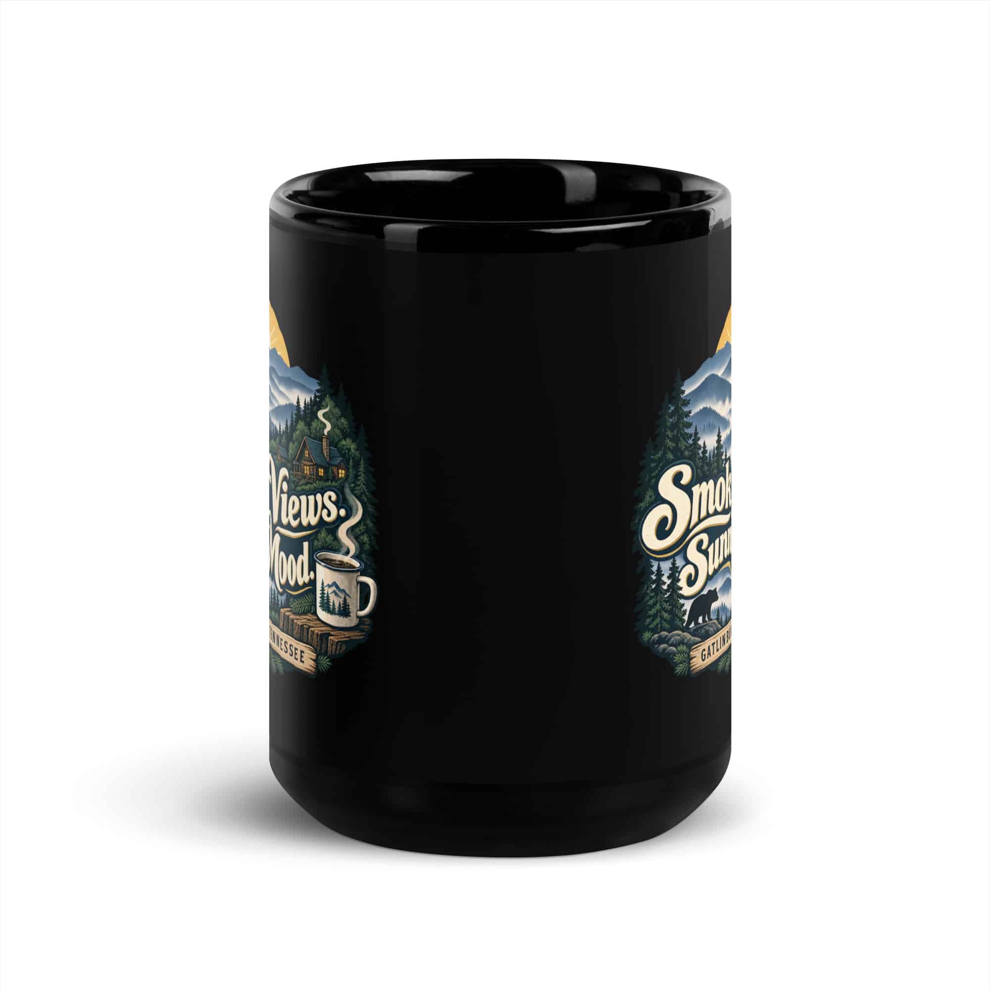 Gatlinburg and the Smokies Black Coffee Mug: Smoky Views. Sunny Mood, Woodland Scenic Lettering