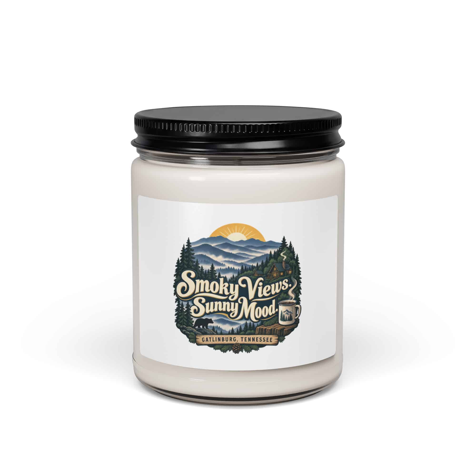 Gatlinburg and the Smokies Soy Wax Candle: Smoky Views. Sunny Mood, Woodland Scenic Lettering