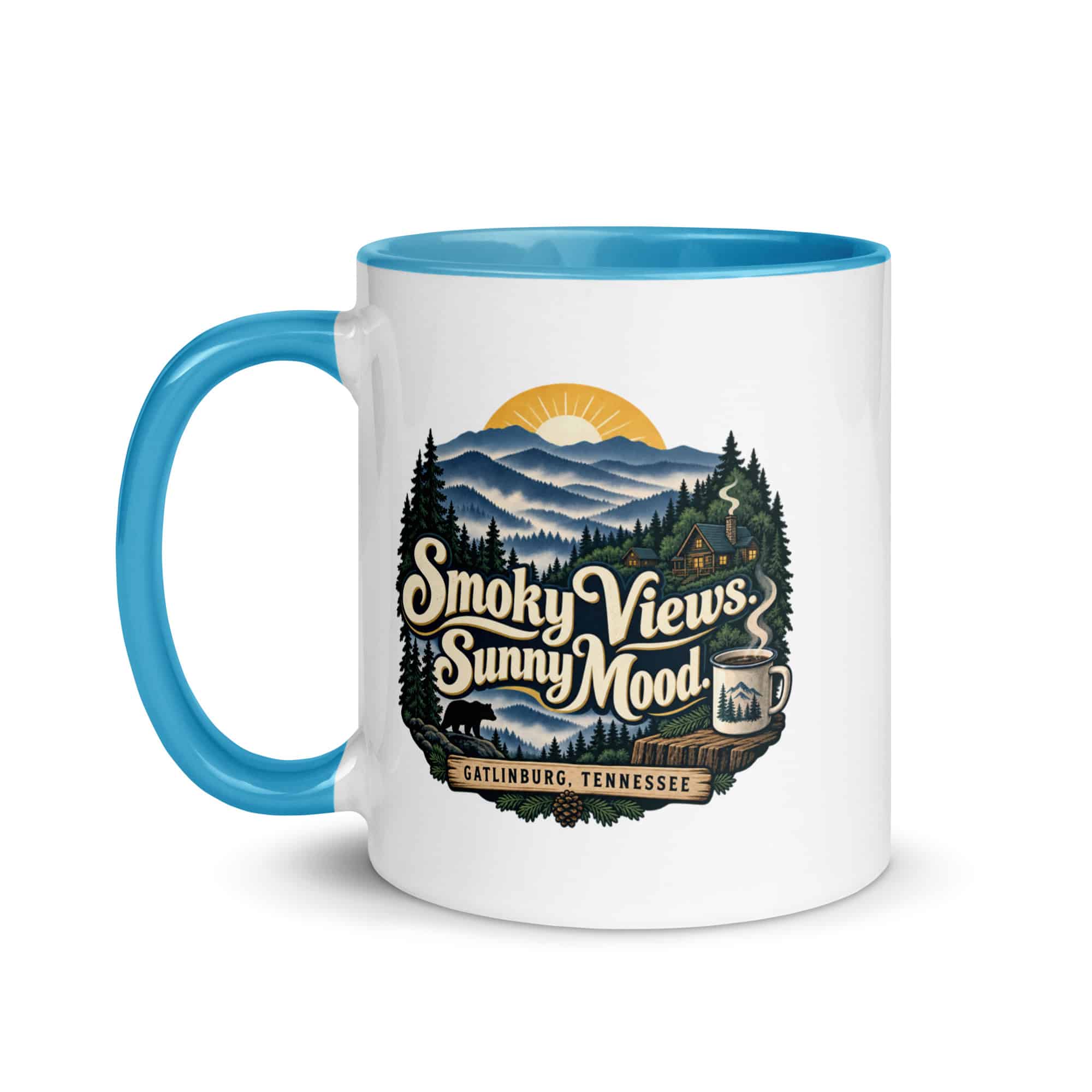 Gatlinburg and the Smokies Color Inside Coffee Mug: Smoky Views. Sunny Mood, Woodland Scenic Lettering