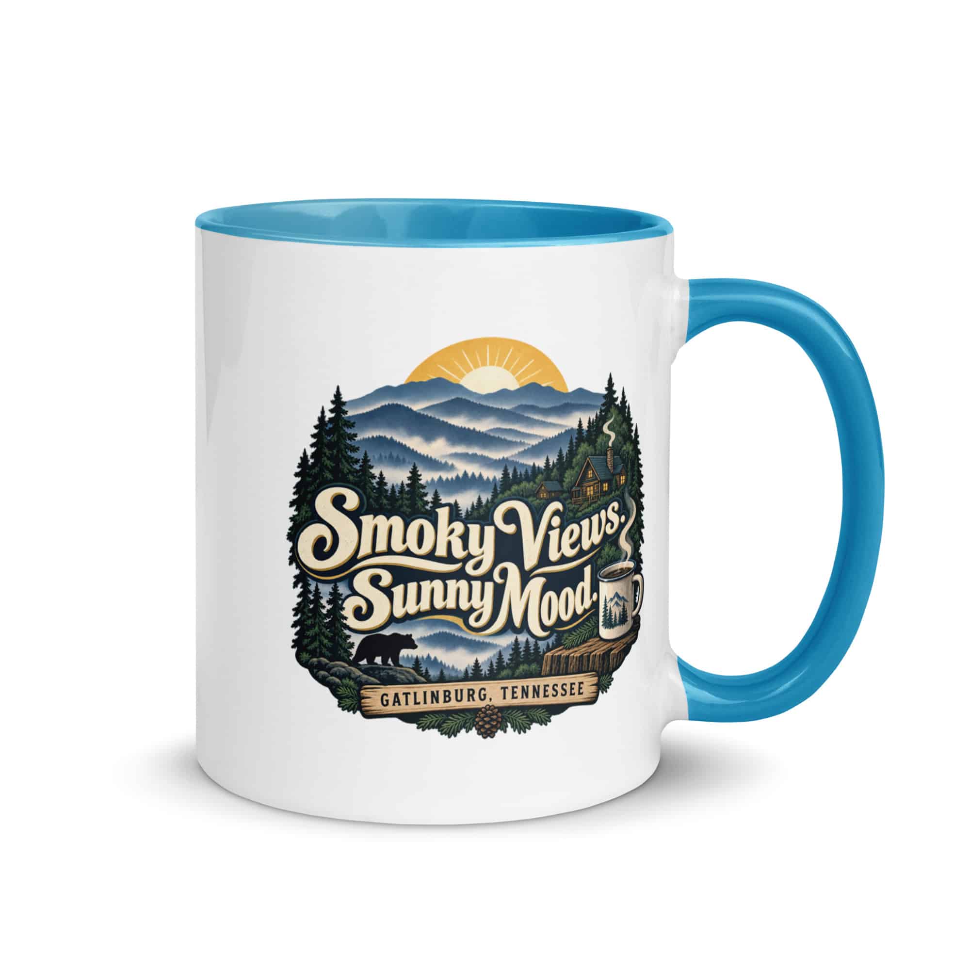 Gatlinburg and the Smokies Color Inside Coffee Mug: Smoky Views. Sunny Mood, Woodland Scenic Lettering