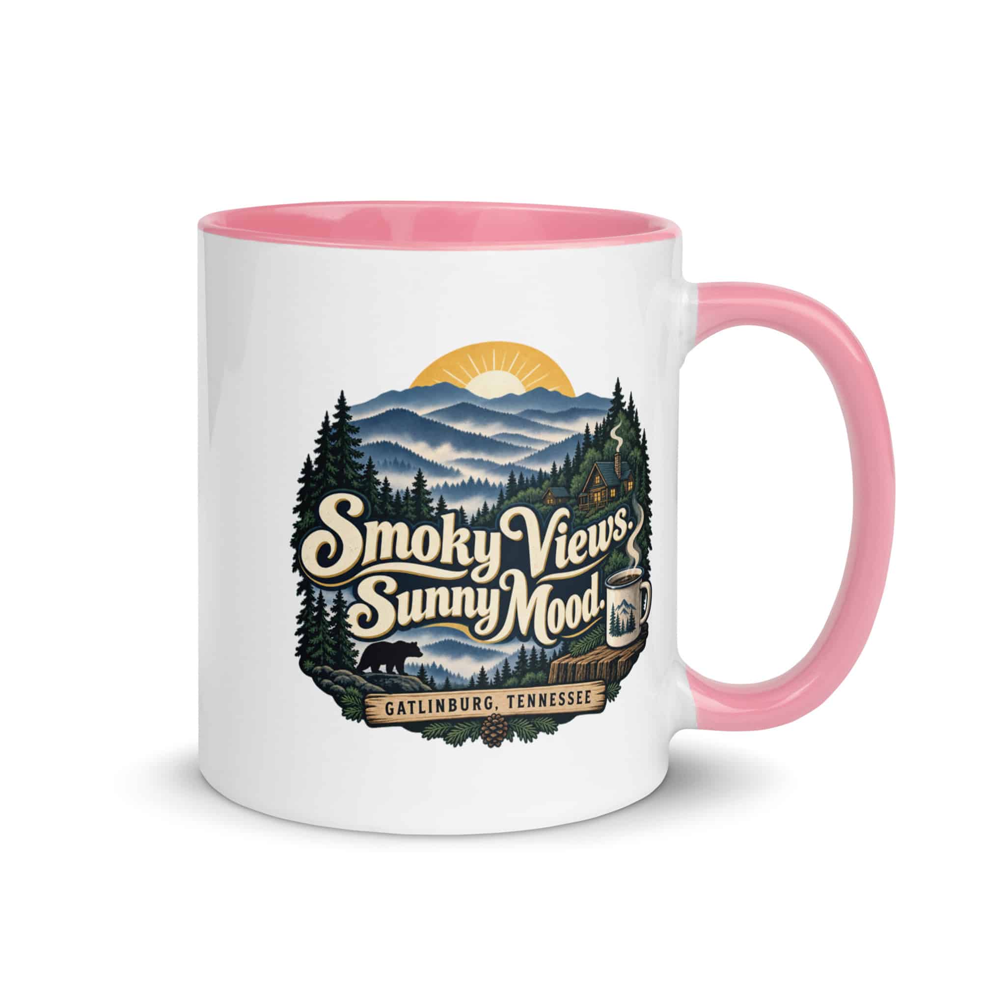 Gatlinburg and the Smokies Color Inside Coffee Mug: Smoky Views. Sunny Mood, Woodland Scenic Lettering