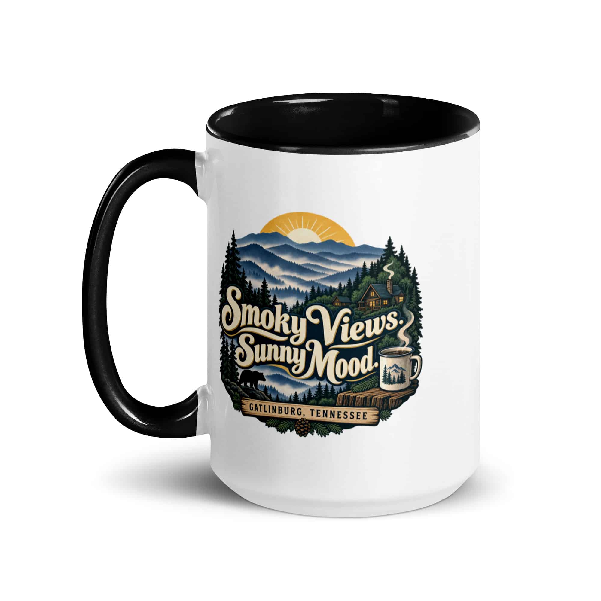 Gatlinburg and the Smokies Color Inside Coffee Mug: Smoky Views. Sunny Mood, Woodland Scenic Lettering