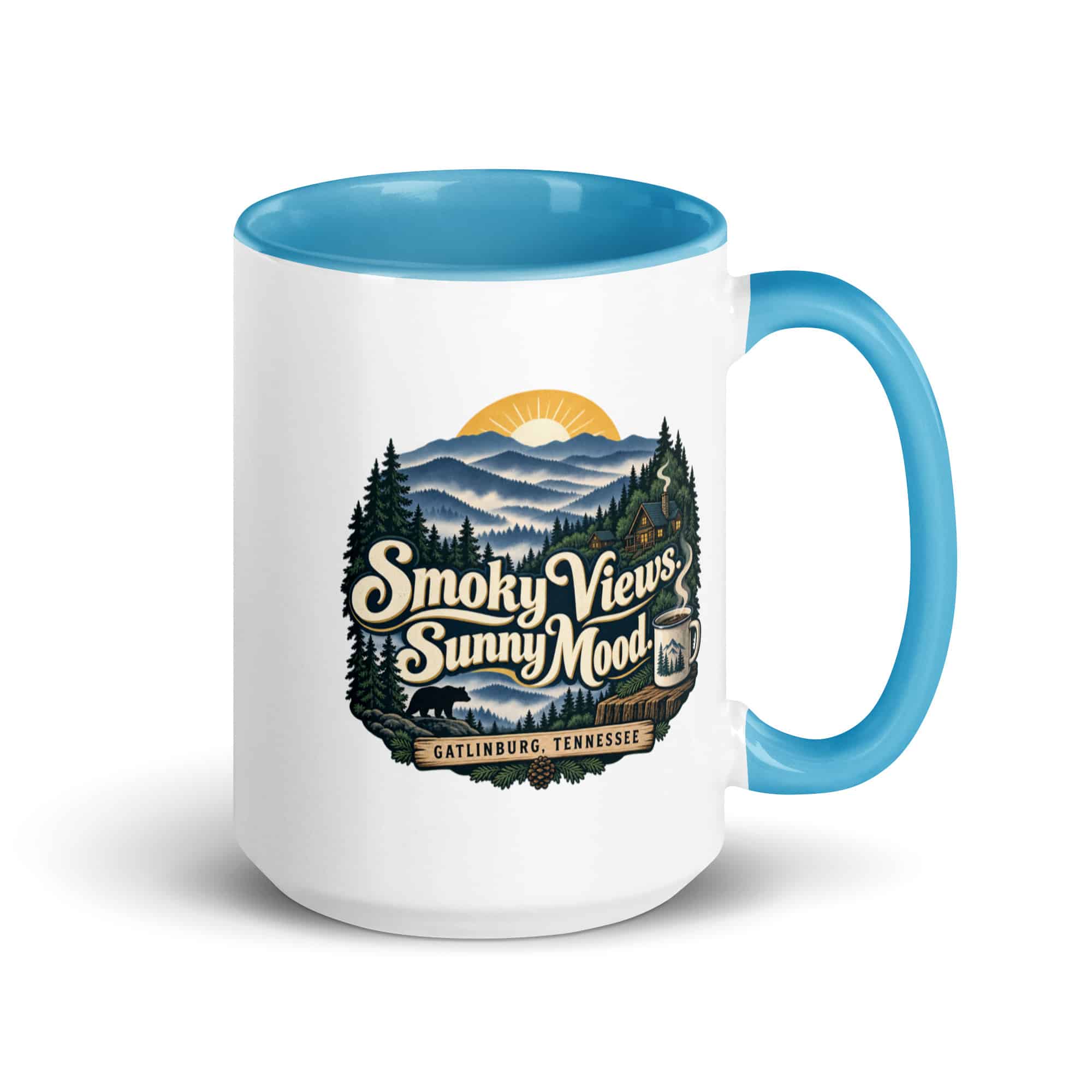 Gatlinburg and the Smokies Color Inside Coffee Mug: Smoky Views. Sunny Mood, Woodland Scenic Lettering