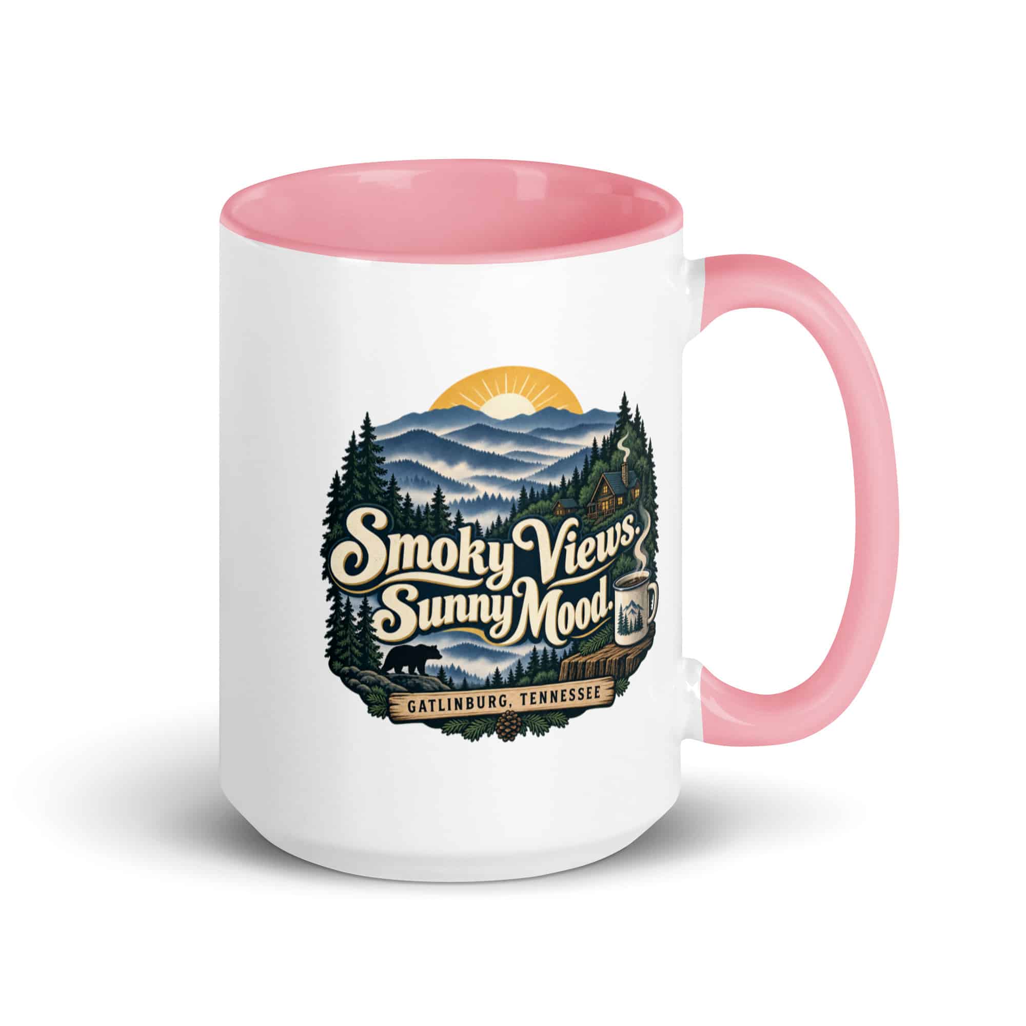 Gatlinburg and the Smokies Color Inside Coffee Mug: Smoky Views. Sunny Mood, Woodland Scenic Lettering