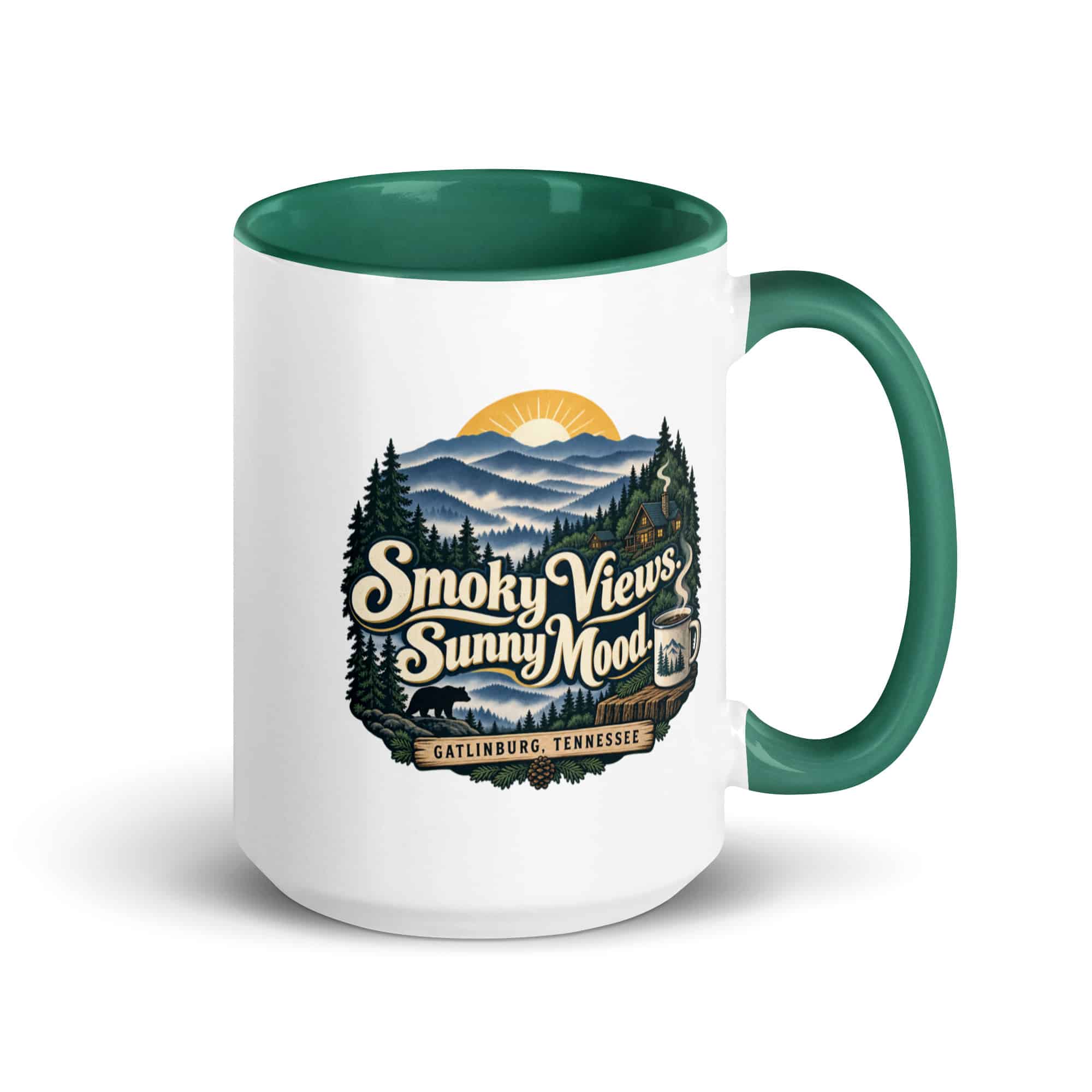 Gatlinburg and the Smokies Color Inside Coffee Mug: Smoky Views. Sunny Mood, Woodland Scenic Lettering