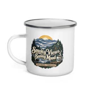 Gatlinburg and the Smokies Enamel Camp Mug: Smoky Views. Sunny Mood, Woodland Scenic Lettering - 12 oz - Left