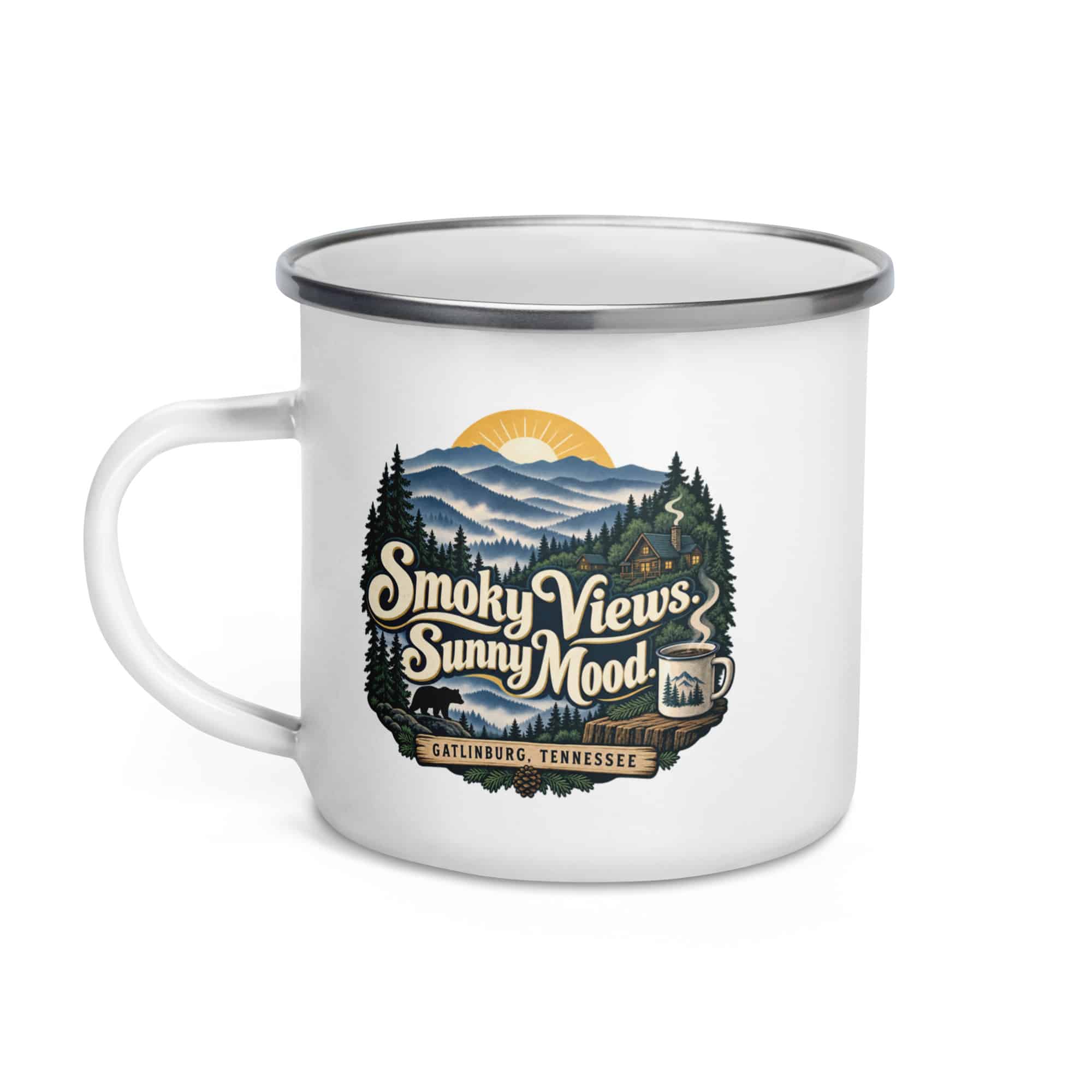 Gatlinburg and the Smokies Enamel Camp Mug: Smoky Views. Sunny Mood, Woodland Scenic Lettering