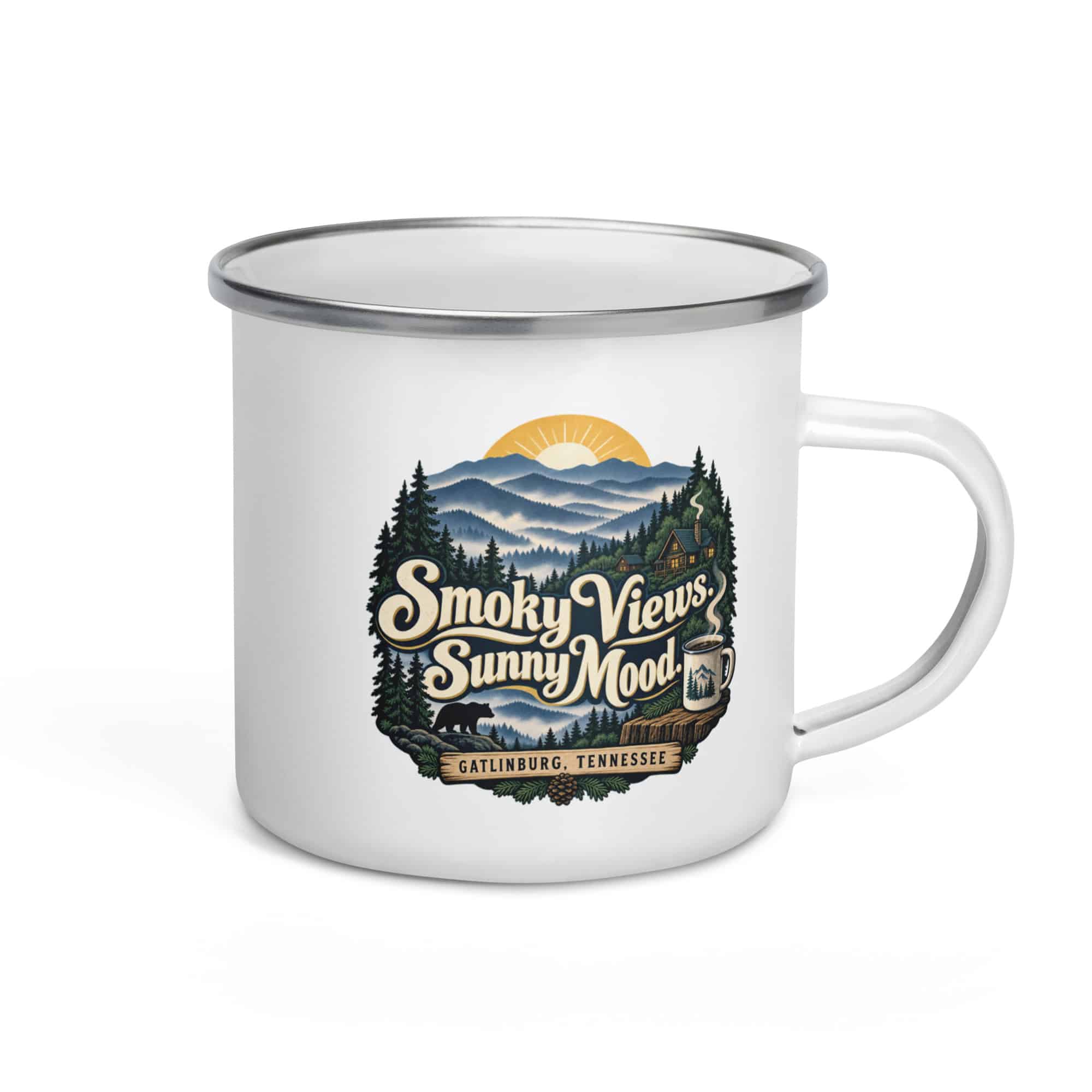 Gatlinburg and the Smokies Enamel Camp Mug: Smoky Views. Sunny Mood, Woodland Scenic Lettering