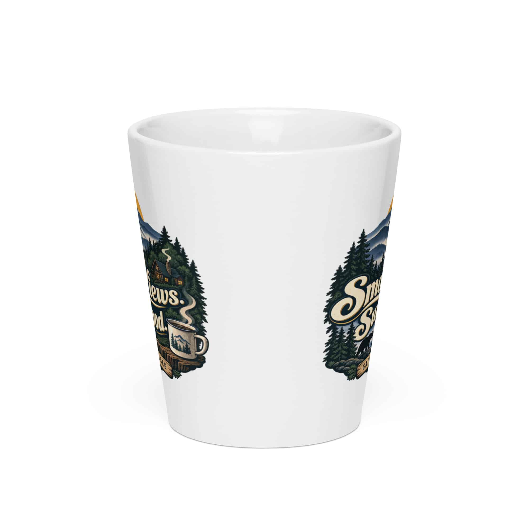 Gatlinburg and the Smokies Latte Mug: Smoky Views. Sunny Mood, Woodland Scenic Lettering