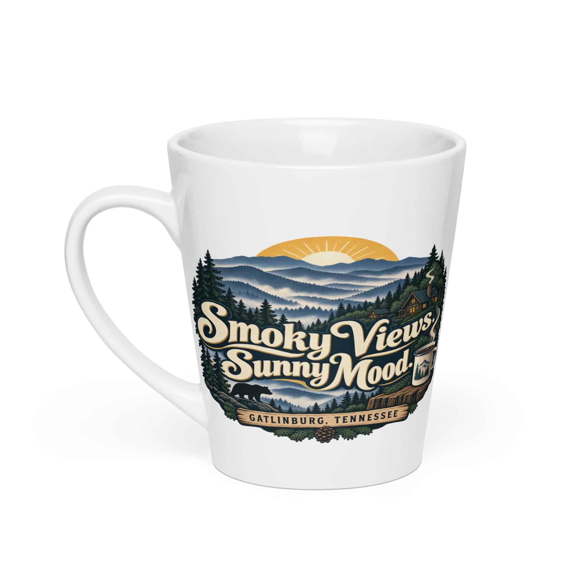 Gatlinburg and the Smokies Latte Mug: Smoky Views. Sunny Mood, Woodland Scenic Lettering