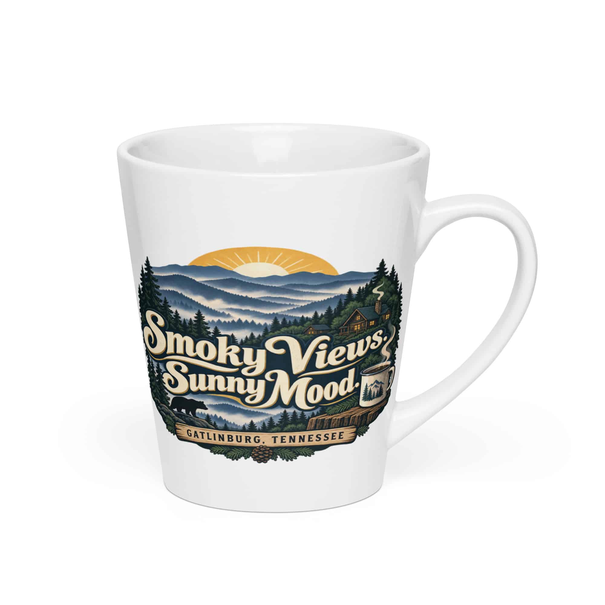 Gatlinburg and the Smokies Latte Mug: Smoky Views. Sunny Mood, Woodland Scenic Lettering