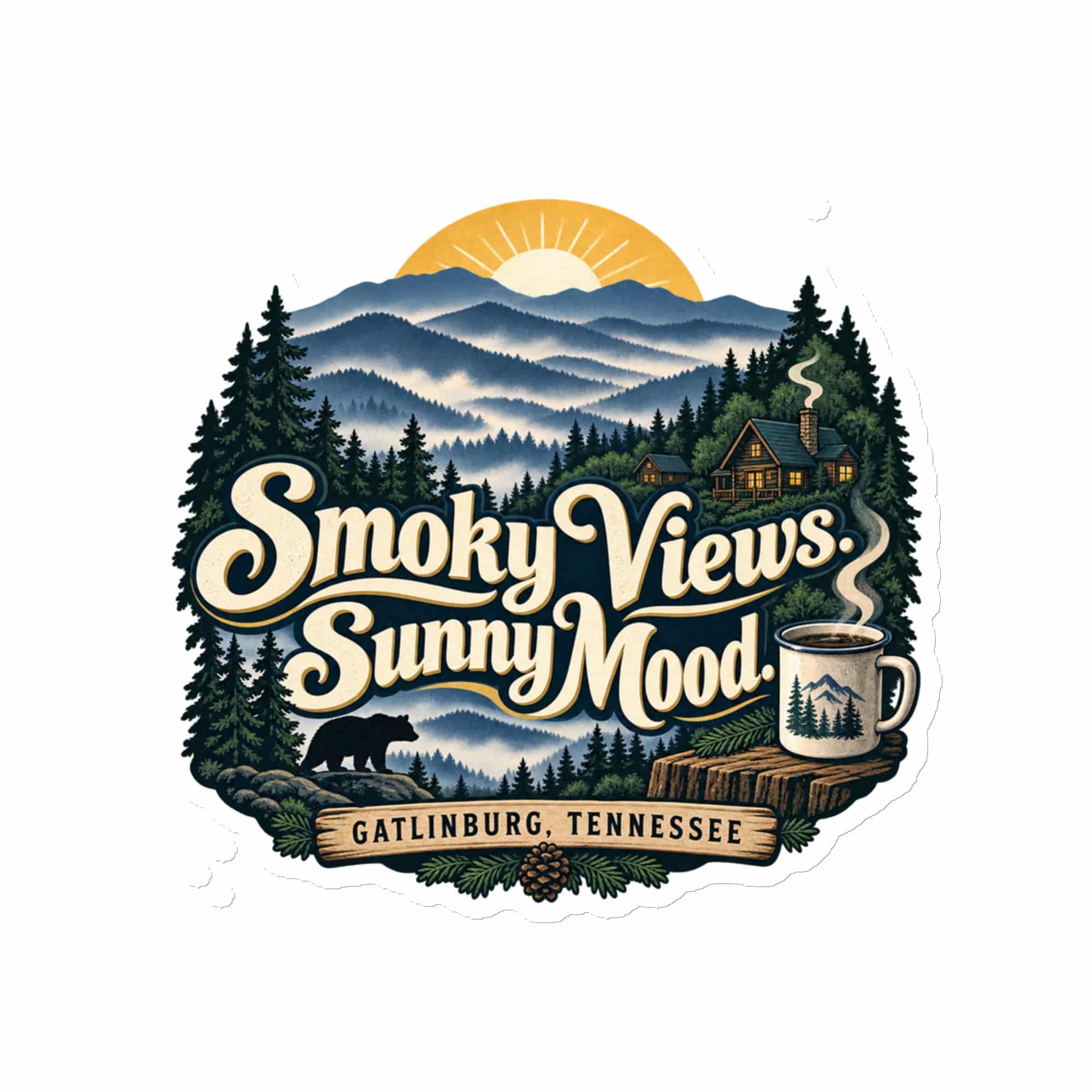 Gatlinburg and the Smokies Die-Cut Magnet: Smoky Views. Sunny Mood, Woodland Scenic Lettering