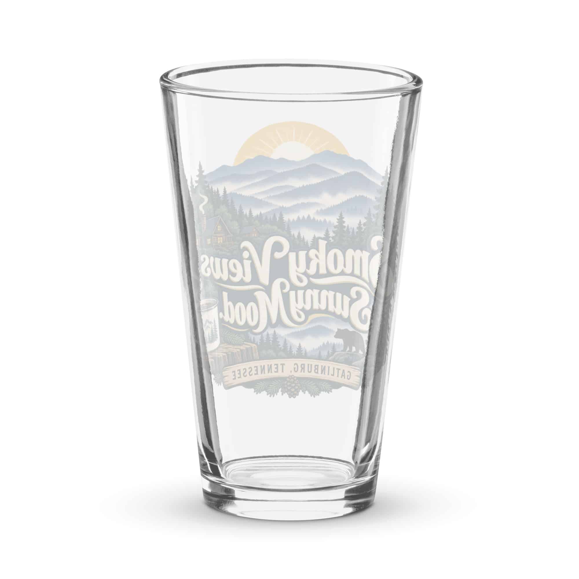 Gatlinburg and the Smokies Pint Glass: Smoky Views. Sunny Mood, Woodland Scenic Lettering