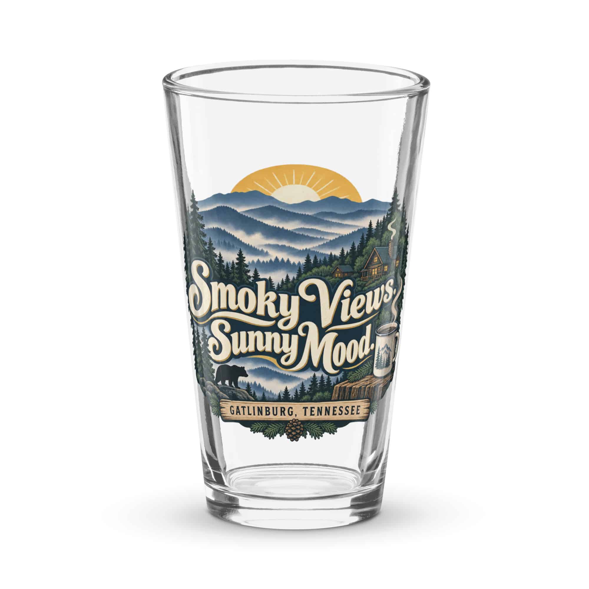 Gatlinburg and the Smokies Pint Glass: Smoky Views. Sunny Mood, Woodland Scenic Lettering