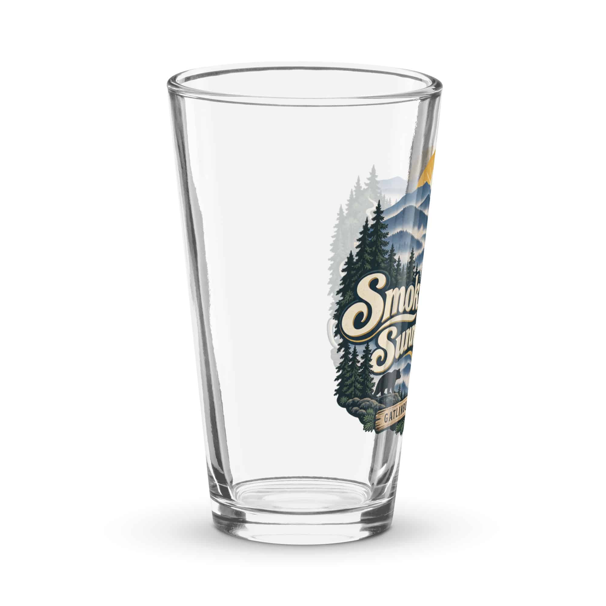 Gatlinburg and the Smokies Pint Glass: Smoky Views. Sunny Mood, Woodland Scenic Lettering