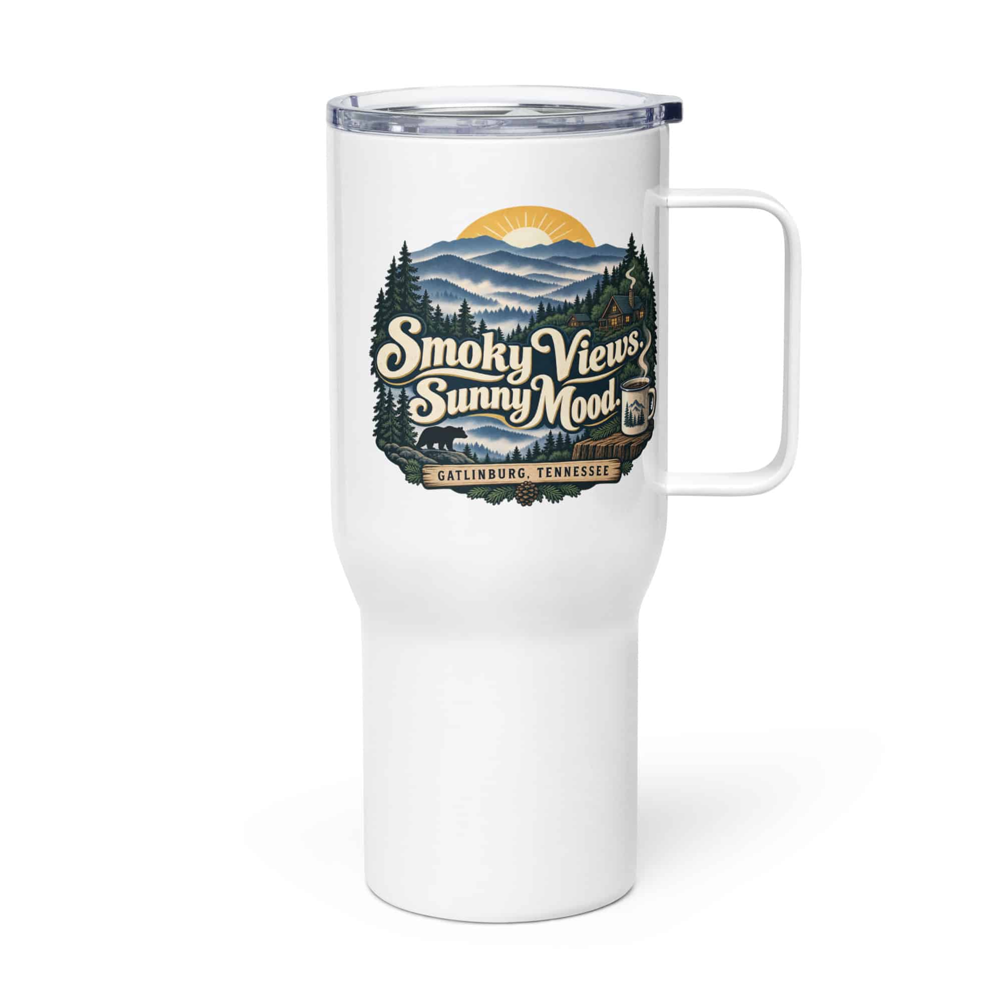 Gatlinburg and the Smokies Travel Mug: Smoky Views. Sunny Mood, Woodland Scenic Lettering