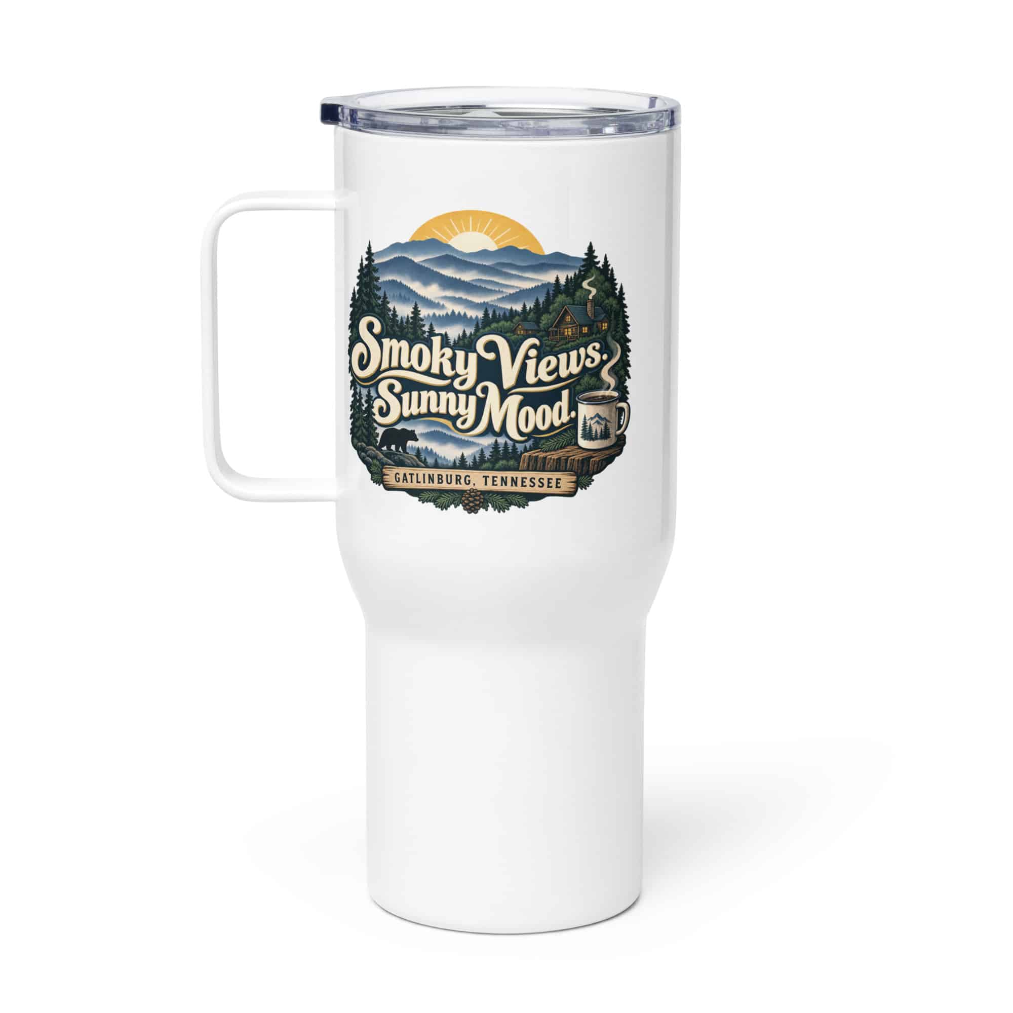Gatlinburg and the Smokies Travel Mug: Smoky Views. Sunny Mood, Woodland Scenic Lettering