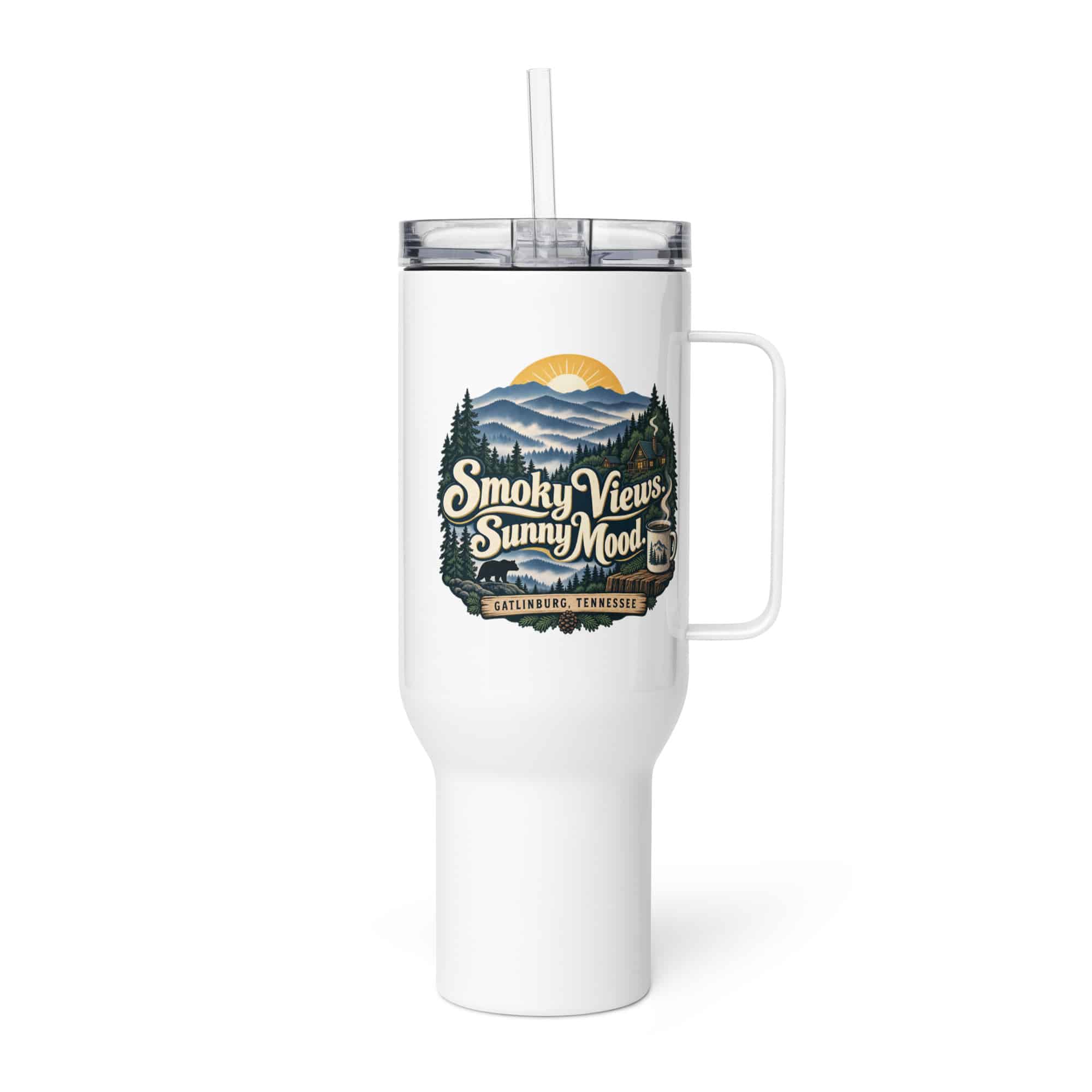 Gatlinburg and the Smokies Travel Mug: Smoky Views. Sunny Mood, Woodland Scenic Lettering