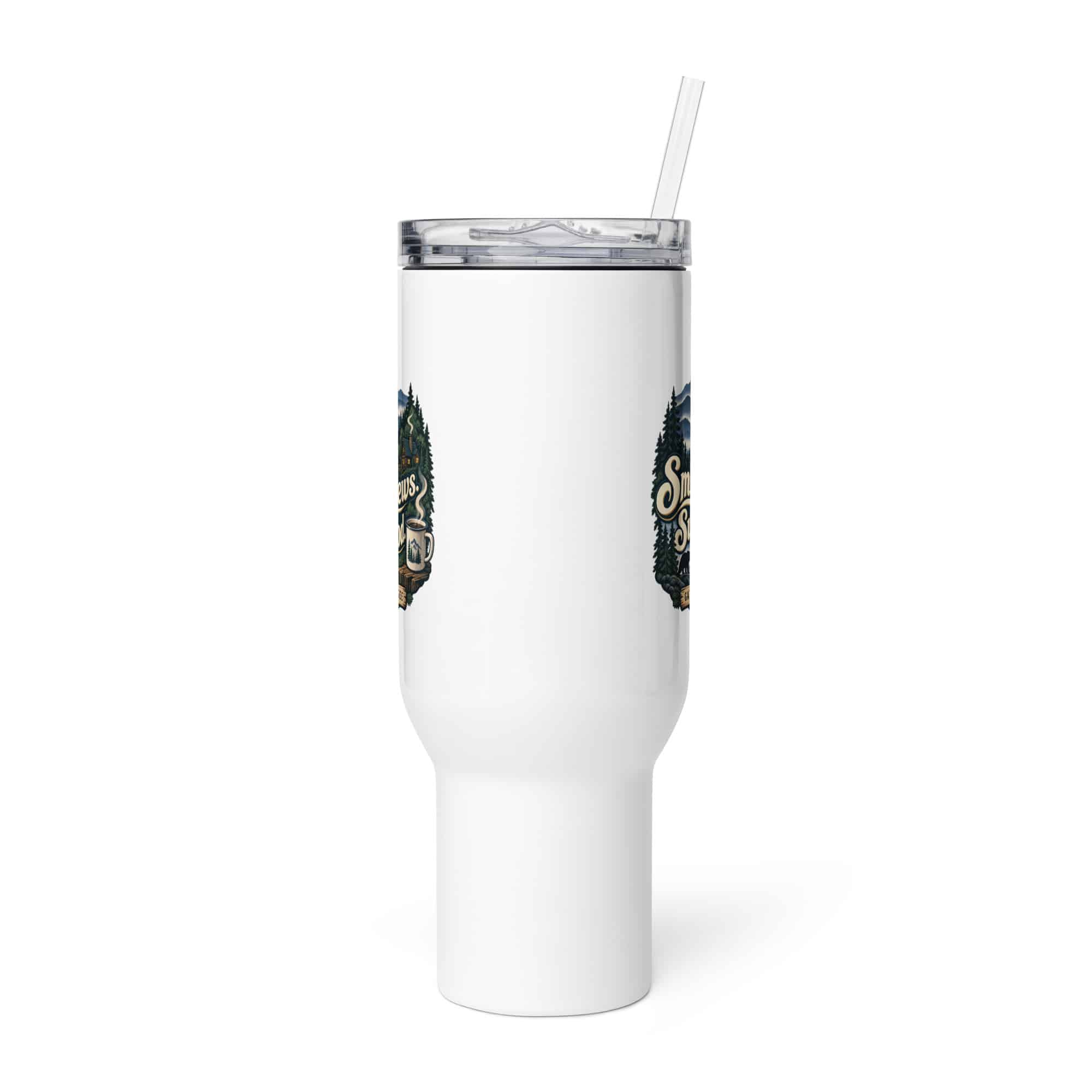 Gatlinburg and the Smokies Travel Mug: Smoky Views. Sunny Mood, Woodland Scenic Lettering