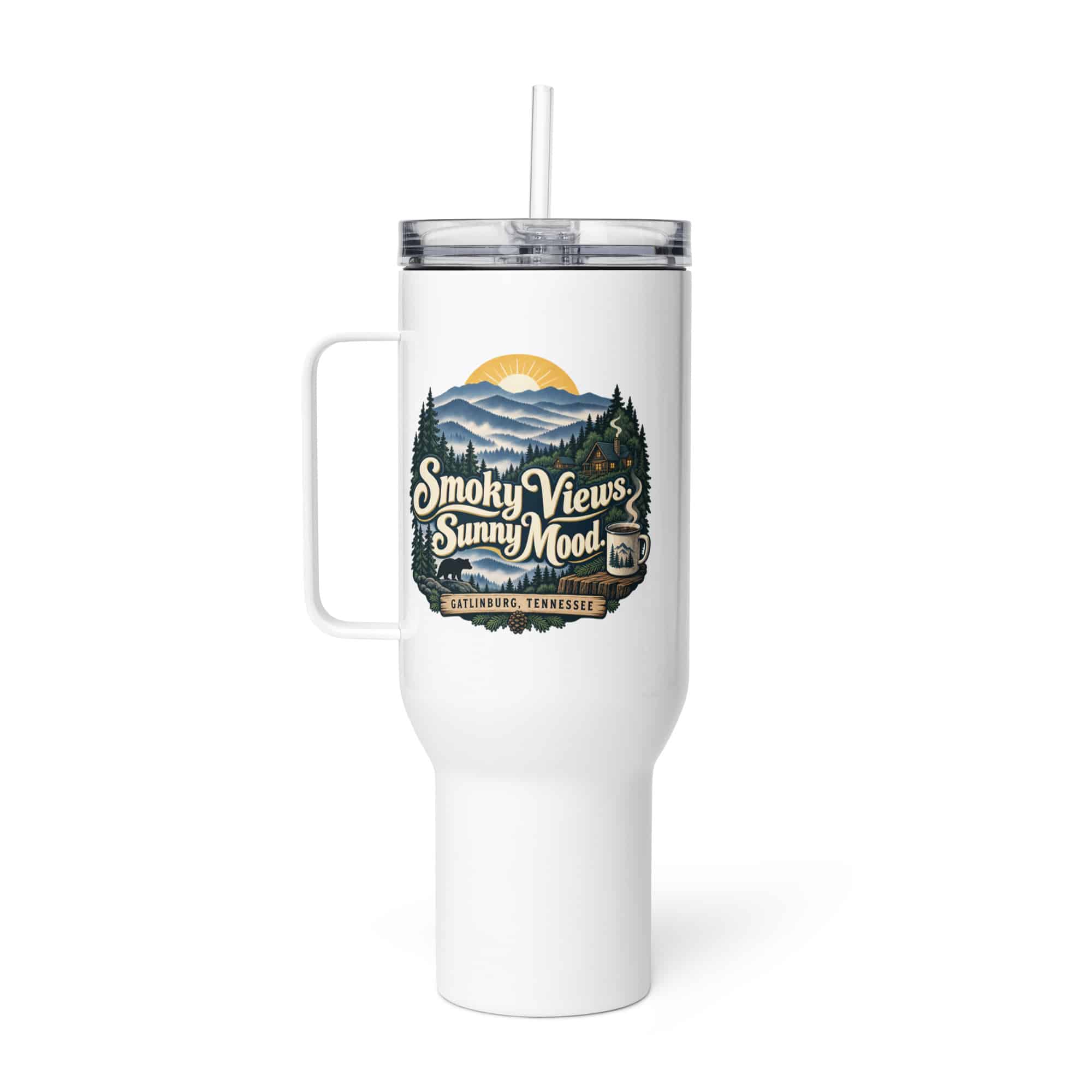Gatlinburg and the Smokies Travel Mug: Smoky Views. Sunny Mood, Woodland Scenic Lettering