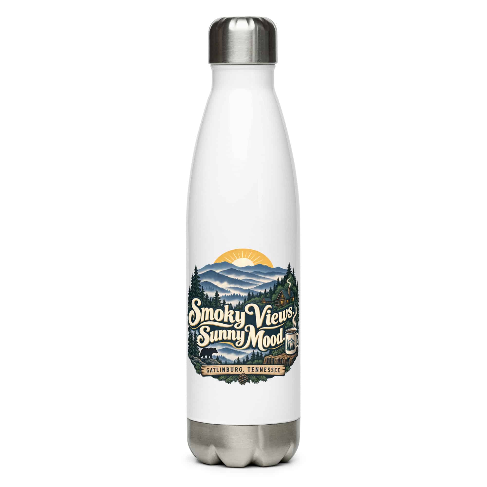Gatlinburg and the Smokies Stainless Steel Water Bottle: Smoky Views. Sunny Mood, Woodland Scenic Lettering