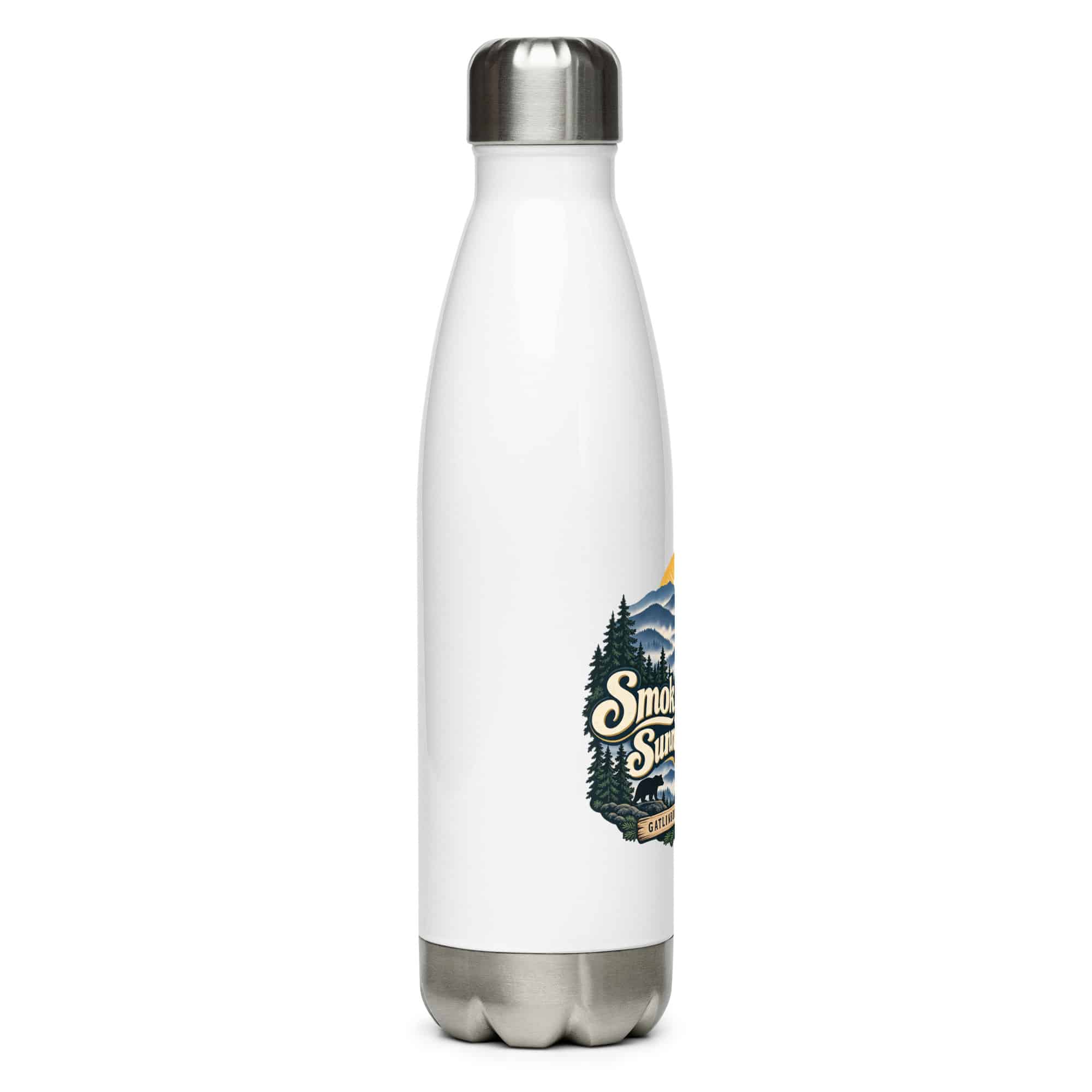 Gatlinburg and the Smokies Stainless Steel Water Bottle: Smoky Views. Sunny Mood, Woodland Scenic Lettering