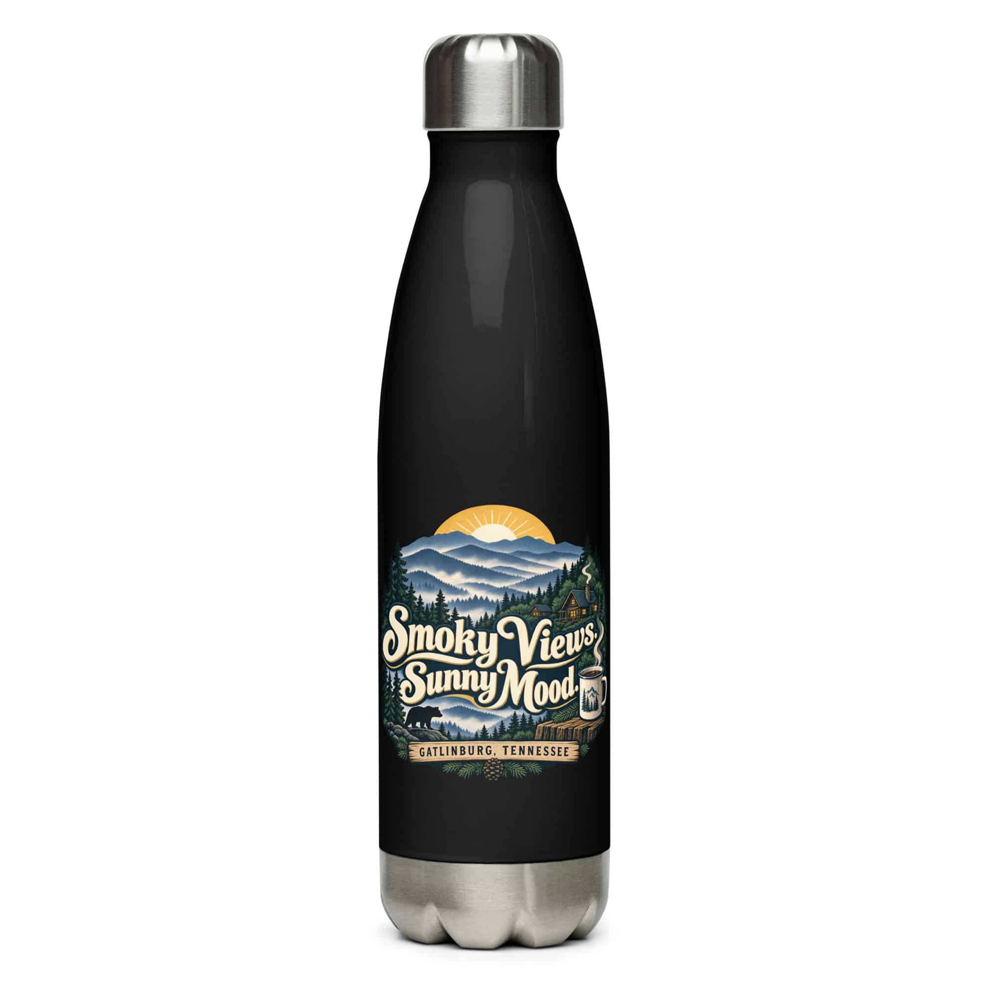 Gatlinburg and the Smokies Stainless Steel Water Bottle: Smoky Views. Sunny Mood, Woodland Scenic Lettering