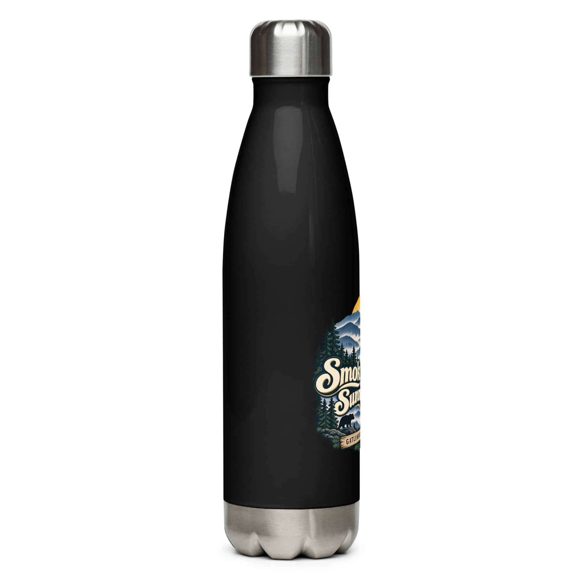 Gatlinburg and the Smokies Stainless Steel Water Bottle: Smoky Views. Sunny Mood, Woodland Scenic Lettering