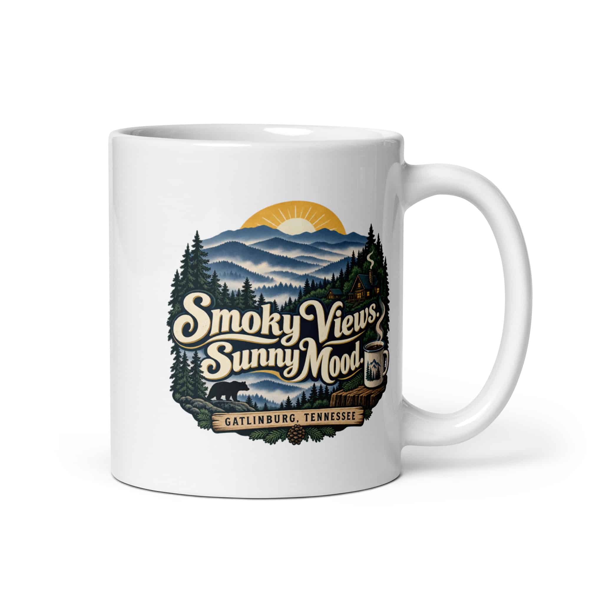 Gatlinburg and the Smokies White Ceramic Coffee Mug: Smoky Views. Sunny Mood, Woodland Scenic Lettering