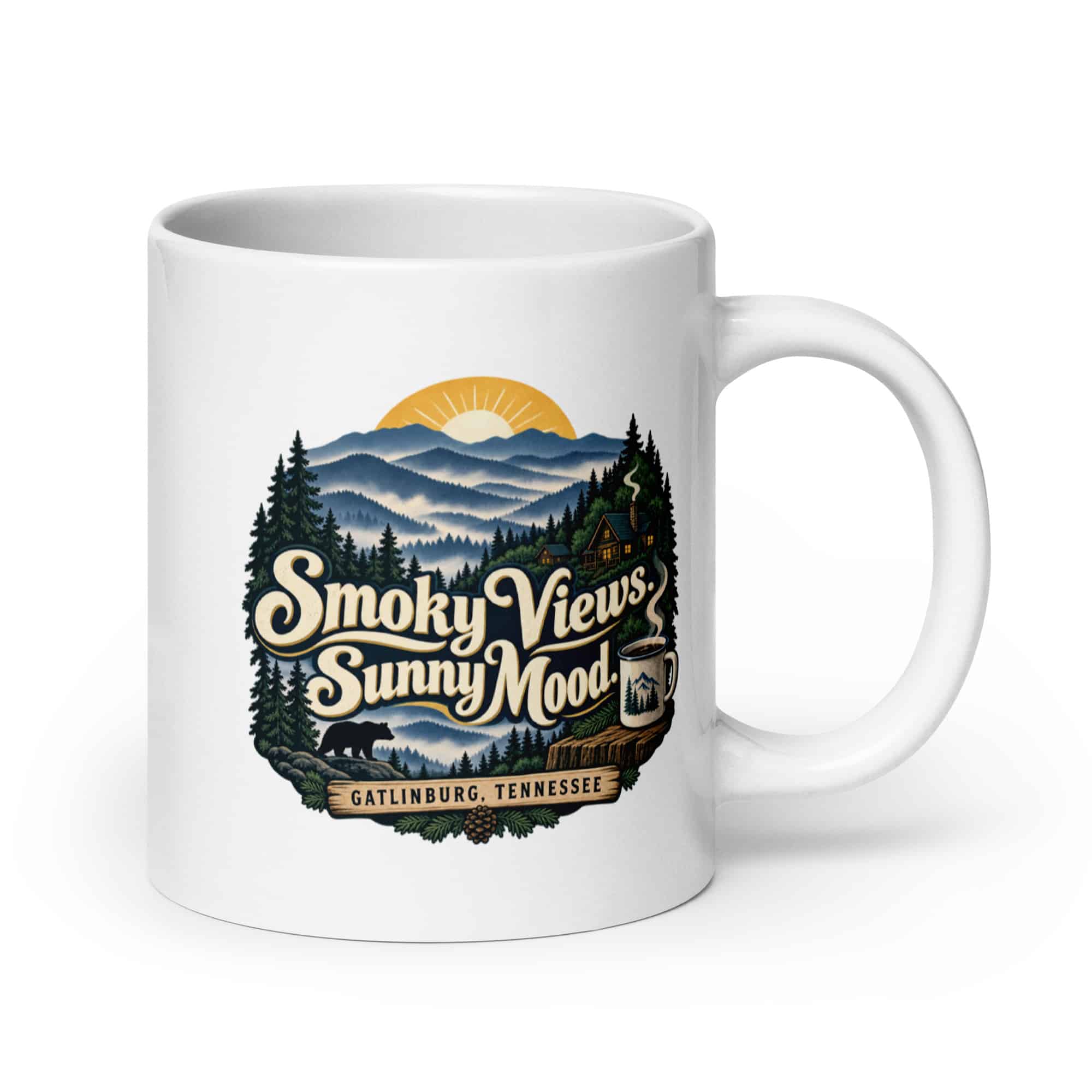 Gatlinburg and the Smokies White Ceramic Coffee Mug: Smoky Views. Sunny Mood, Woodland Scenic Lettering