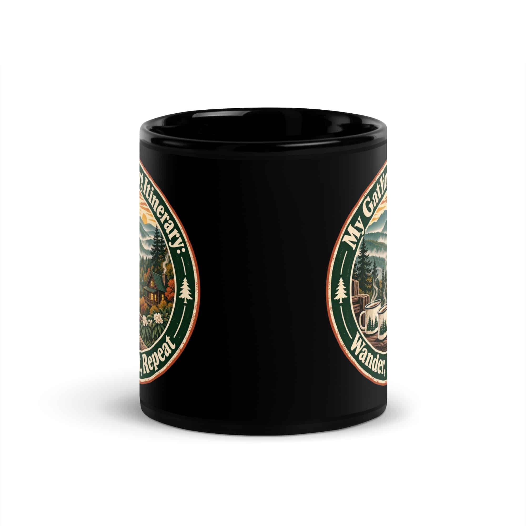 Gatlinburg and the Smokies Black Coffee Mug: My Gatlinburg Itinerary: Wander, Eat, Repeat, Vintage Round Badge