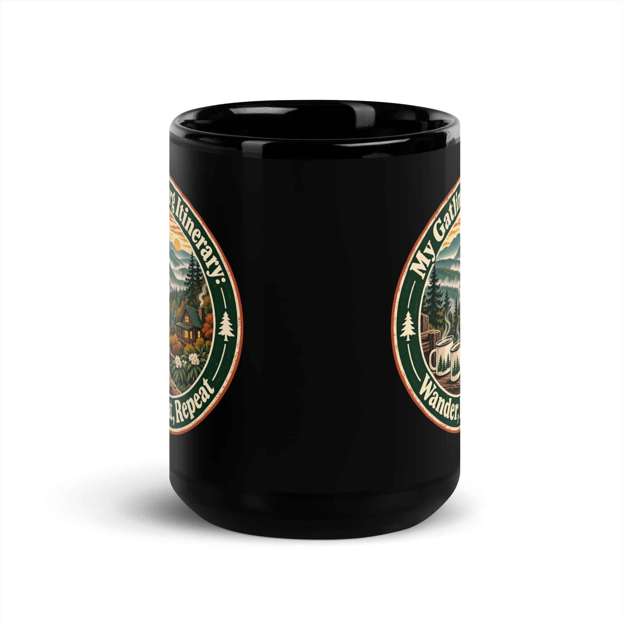 Gatlinburg and the Smokies Black Coffee Mug: My Gatlinburg Itinerary: Wander, Eat, Repeat, Vintage Round Badge