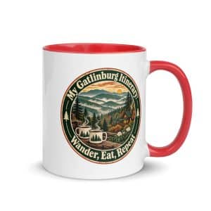 Gatlinburg and the Smokies Color Inside Coffee Mug: My Gatlinburg Itinerary: Wander, Eat, Repeat, Vintage Round Badge - 11 oz - Main