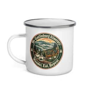 Gatlinburg and the Smokies Enamel Camp Mug: My Gatlinburg Itinerary: Wander, Eat, Repeat, Vintage Round Badge - 12 oz - Left