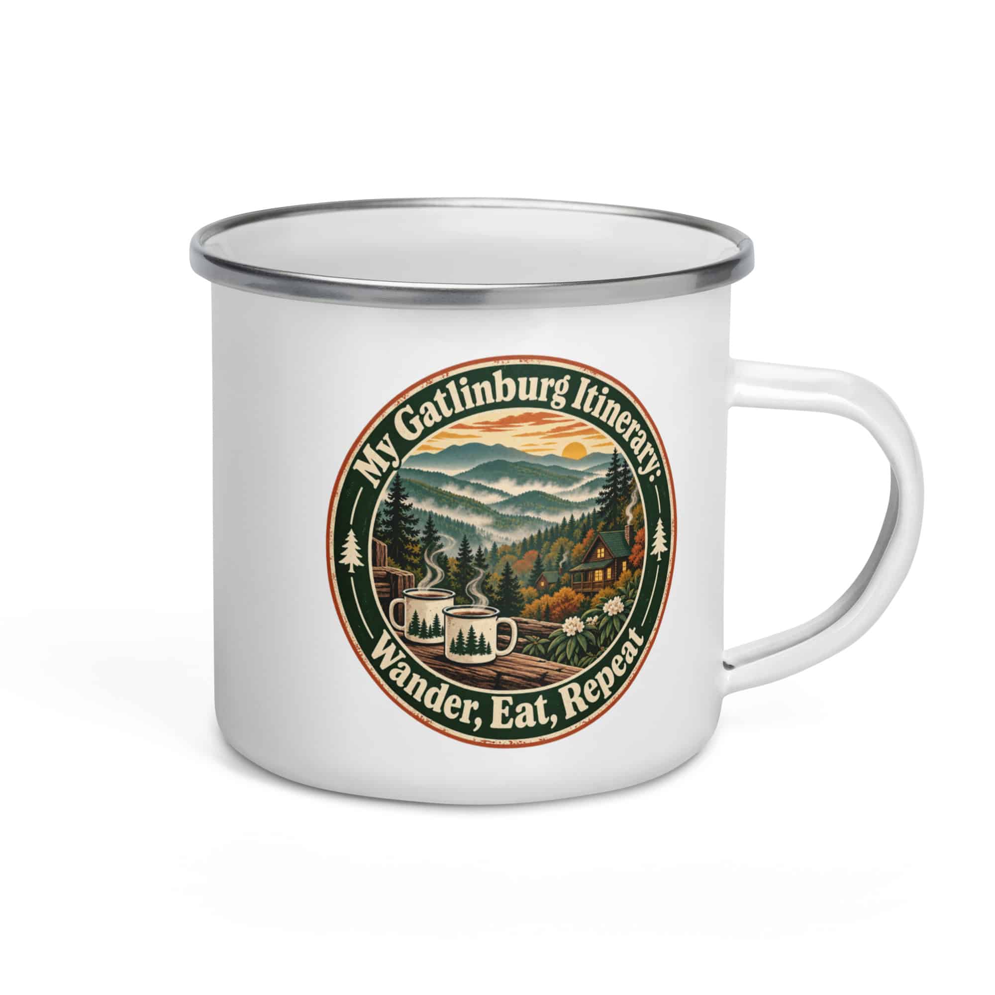 Gatlinburg and the Smokies Enamel Camp Mug: My Gatlinburg Itinerary: Wander, Eat, Repeat, Vintage Round Badge