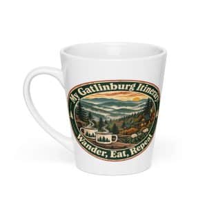 Gatlinburg and the Smokies Latte Mug: My Gatlinburg Itinerary: Wander, Eat, Repeat, Vintage Round Badge - 12 oz - Main
