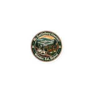 Gatlinburg and the Smokies Die-Cut Magnet: My Gatlinburg Itinerary: Wander, Eat, Repeat, Vintage Round Badge - 3″×3″ - Main